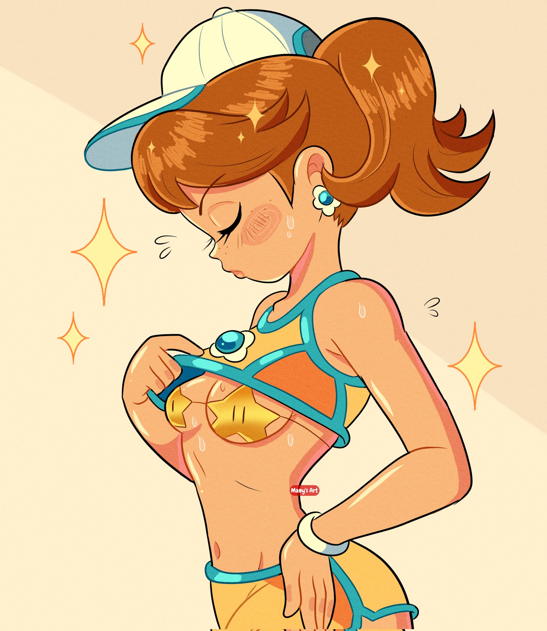 1girls, alternate costume, bare shoulders, brown hair, closed eyes, clothes lift, earrings, female, female only, flower earrings, manys art, mario (series), mario kart, mario kart world, navel, nintendo, official alternate costume, ponytail, princess daisy, princess daisy (swimwear), short hair, shorts, solo, sweat, swimwear