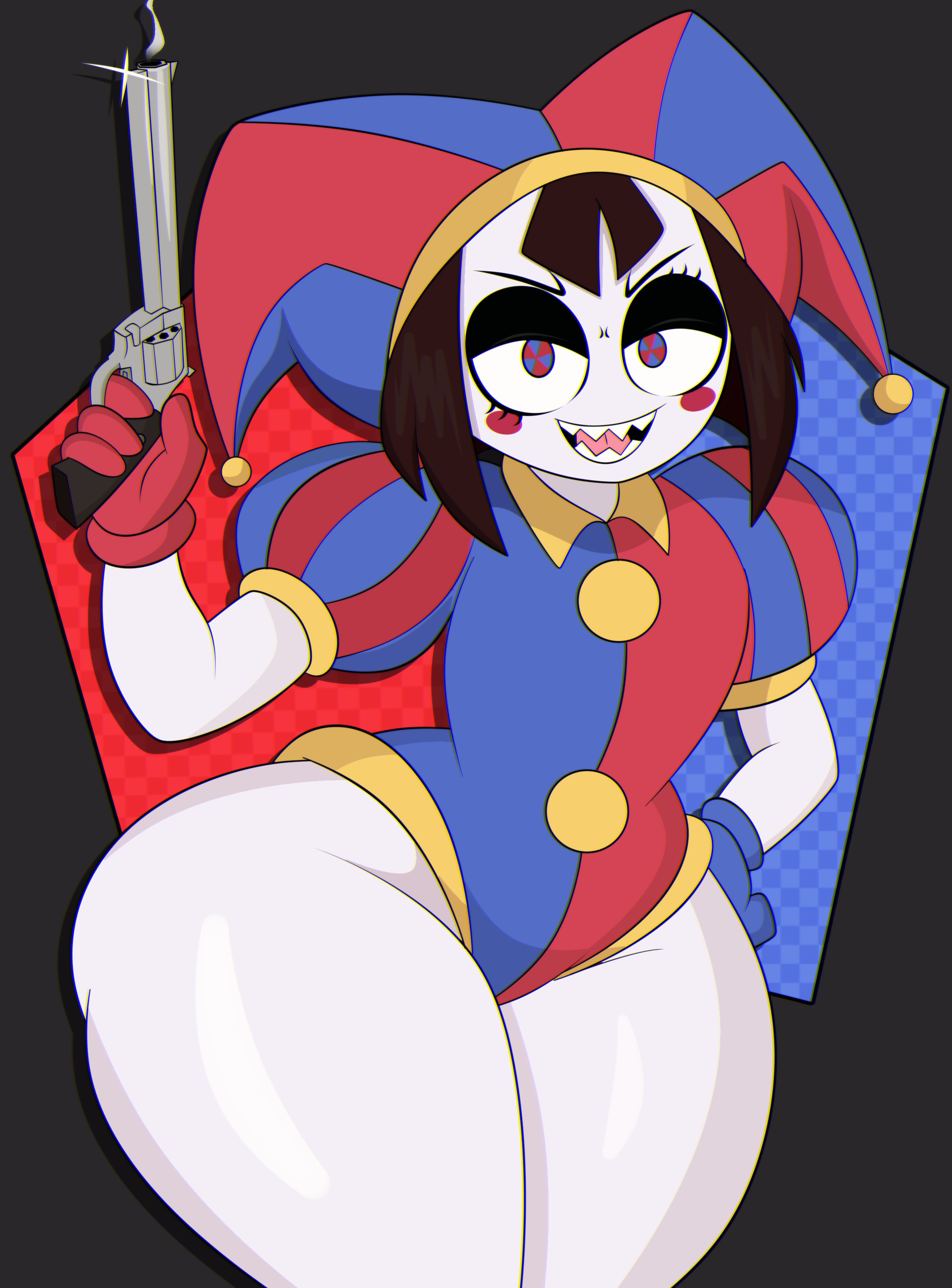1girls, bage21, clothing, female, female focus, female only, firearm, glitch productions, gun, handgun, light skin, light-skinned female, looking at viewer, pale skin, pomni (the amazing digital circus), revolver, sharp teeth, solo, superbage, the amazing digital circus, thick thighs, thighs, weapon, wide hips