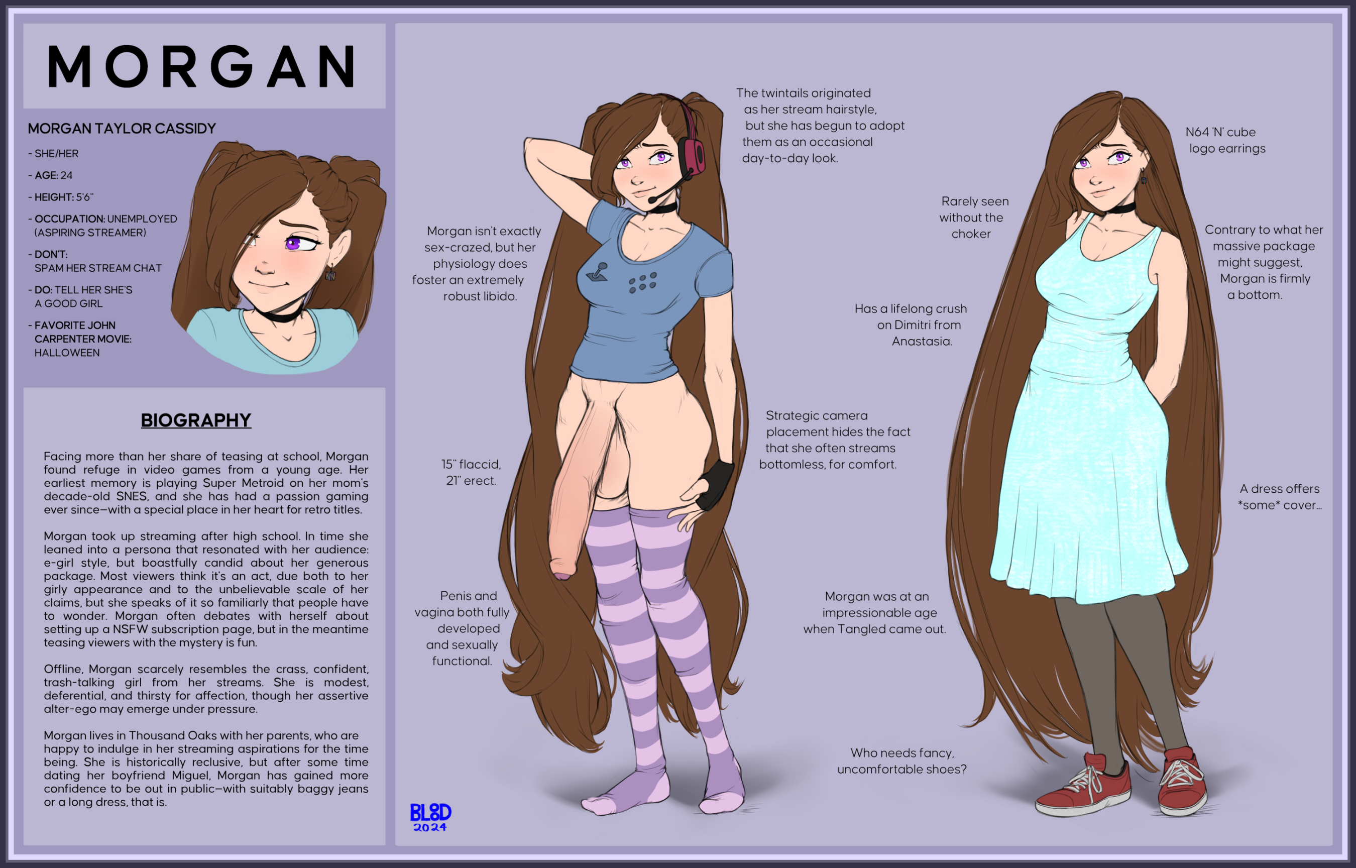 1futa, 1girls, balls, barefoot, black choker, bluebl8d, blush, bottomless, bottomless female, bottomless futa, breasts, character name, character profile, character sheet, choker, clothed, clothed female, clothed futa, dress, earrings, female, fingerless gloves, flaccid, flaccid penis, foreskin, fully clothed, futa only, futanari, gamer, gamer girl, gloves, hand behind head, hand on thigh, hands behind back, headphones, huge balls, huge cock, hung futa, ineffective clothing, intersex, light-skinned female, light-skinned futa, long hair, long socks, medium breasts, morgan (bluebl8d), nerd, nerdy female, nerdy futa, partially clothed, partially retracted foreskin, penis, purple eyes, retracted foreskin, revealing clothes, shirt, sneakers, socks, solo, solo female, solo focus, solo futa, standing, tights, twintails, uncircumcised, useless clothing
