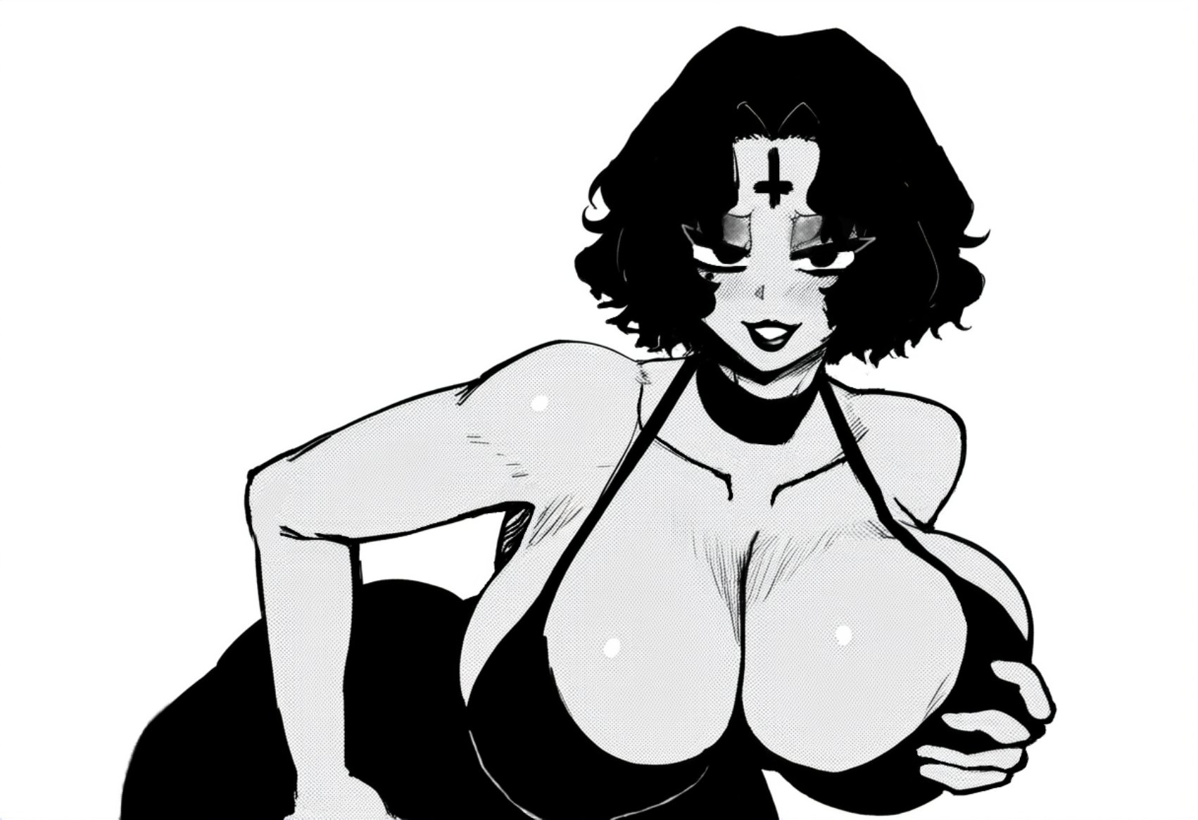 black and white, breasts, dress, female, goth, grabbing own breast, halftone, huge breasts, inviting, mischievous z, oc, short hair, squeezing, squeezing breast, viola (mischievous z)