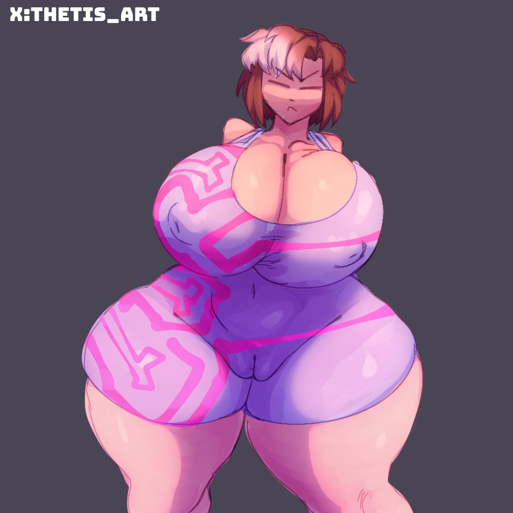 1girls, big ass, big breasts, breasts, female, fran (lovedtale), lovedtale, multicolored hair, pussy, thetis (artist), tight clothing, tight fit, undertale, undertale au, visible nipples, visible pussy