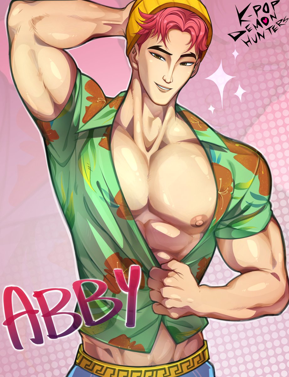 abby (kpop demon hunters), asian, asian male, bara, korean, korean male, kpop demon hunters, male, male only, muscular, muscular male, pink hair, saja boys, solo, solo focus, solo male, sony pictures animation, yaoi, yasei art