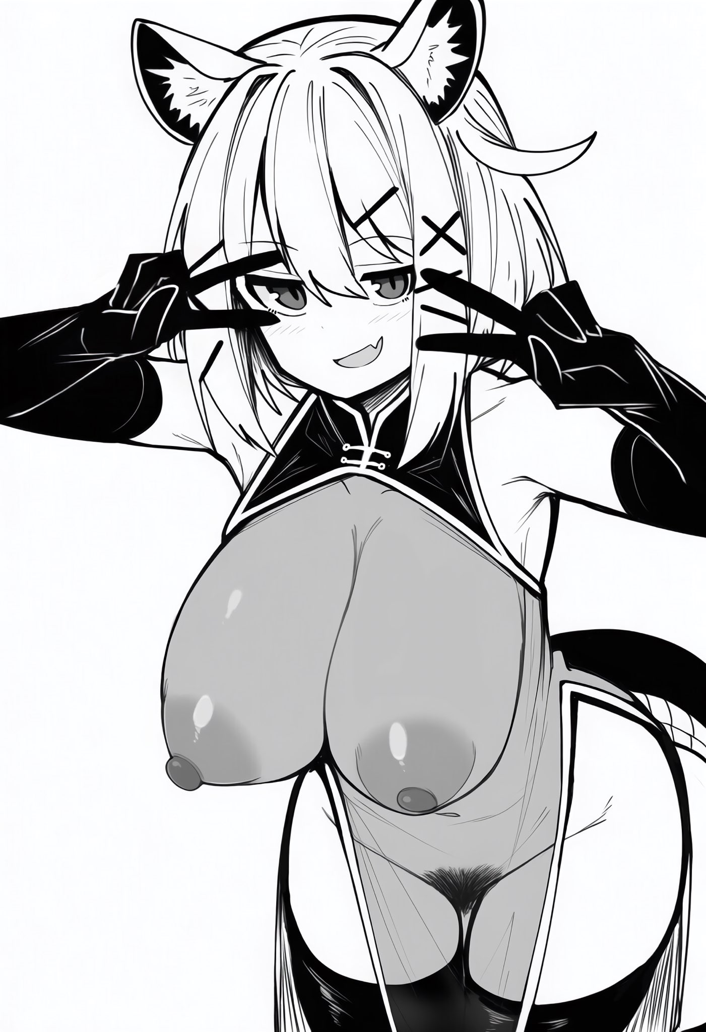 :d, alternate costume, animal ear fluff, animal ears, arknights, arms up, bare shoulders, blush, breasts, china dress, chinese clothes, cleavage, commentary request, cowboy shot, cute fang, dot nose, double v, dress, elbow gloves, female, female pubic hair, gloves, greyscale, groin, hair between eyes, hair ornament, hairclip, highres, large breasts, leaning, leaning forward, looking at viewer, makigirisu, monochrome, navel, nipples, open mouth, pelvic curtain, pubic hair, see-through, see-through clothes, see-through clothing, see-through dress, short hair, side slit, simple background, skin fang, sleeveless, sleeveless dress, smile, solo, standing, tail, thigh gap, thighhighs, utage (arknights), v, v over eye, white background, x hair ornament