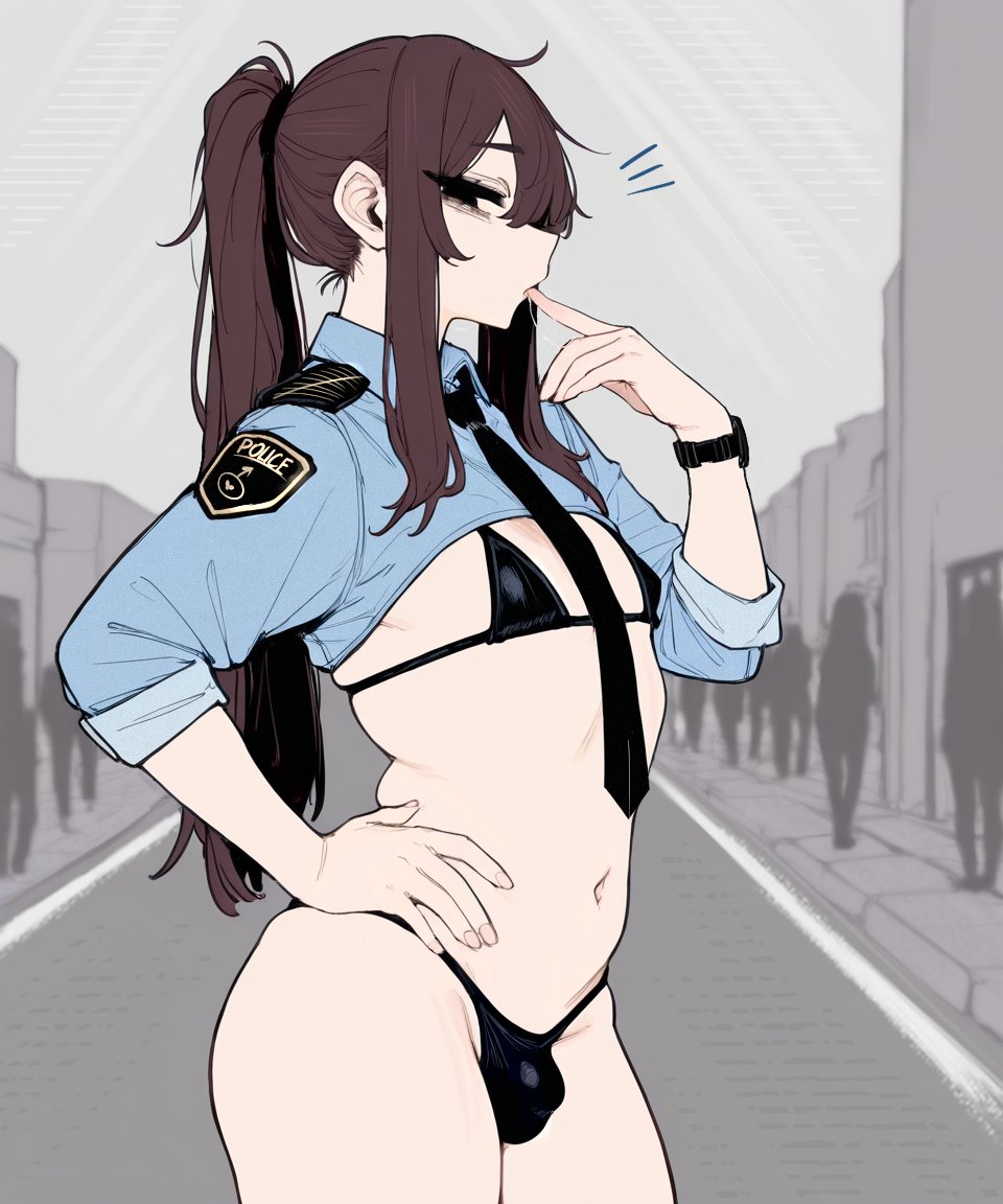 ai generated, black eyes, brown hair, femboy, lingerie, male, male only, police uniform, saliva trail