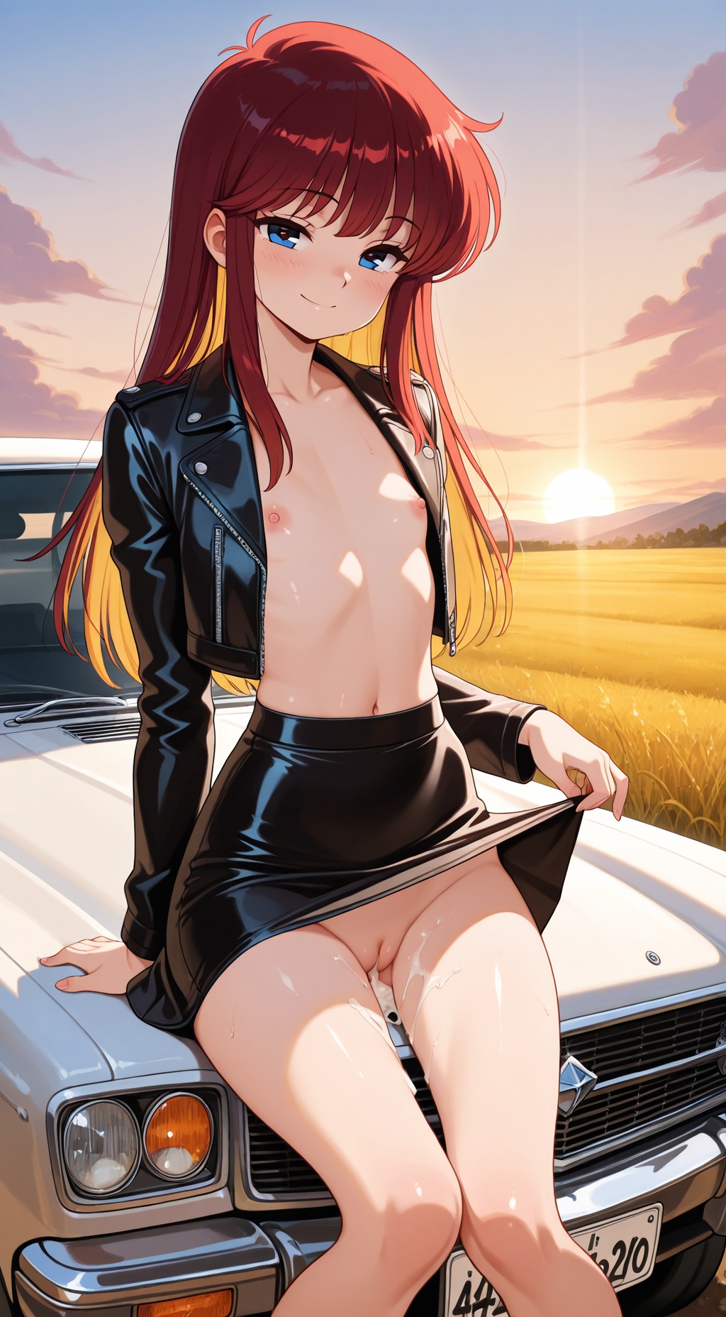 after sex, ai generated, blush, breasts, cum in pussy, cum on thighs, female, flat chest, leaning back, leaning on object, leather jacket, outdoors, presenting cream pie, presenting pussy, pussy, red hair, sitting on car, skirt, skirt lift, small breasts, sunset