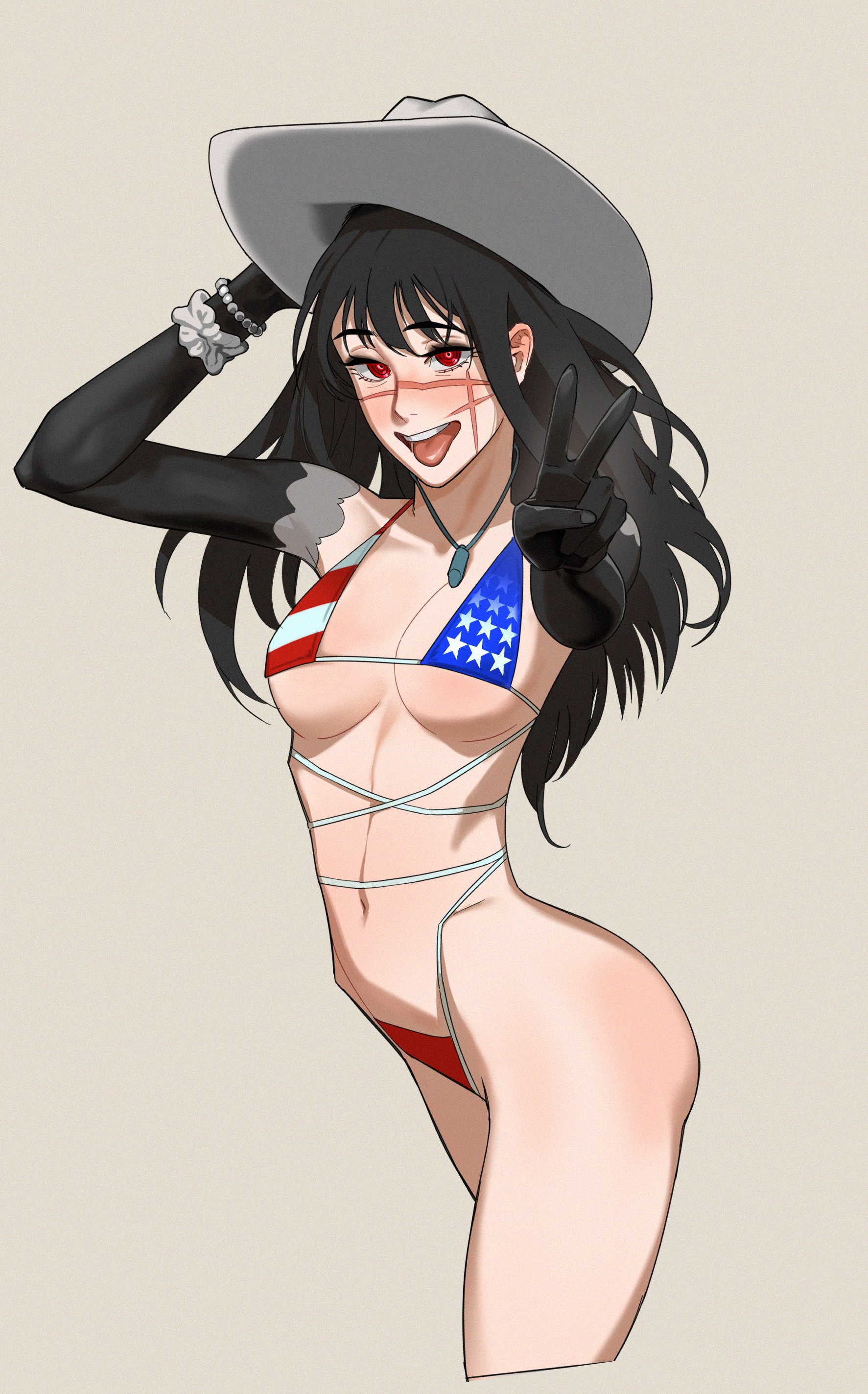 1girls, american flag, american flag bikini, black hair, chainsaw man, cowboy hat, demon, demon girl, devil, devil girl, female, heroine, hirundo rustica, hong doo, japanese female, light-skinned female, mitaka asa, peace sign, ringed eyes, scar, scar on face, yoru (chainsaw man)