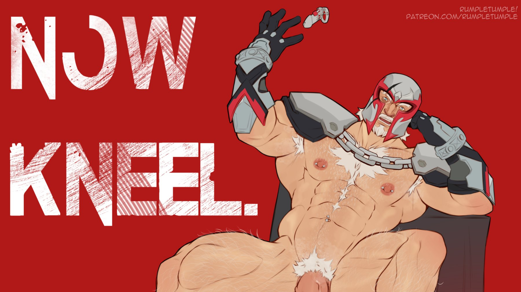 1boy, bara, cape, erik lehnsherr, gay, gay male, gloves, helmet, human, magneto, male, male focus, male only, marvel, marvel comics, marvel rivals, navel, navel piercing, nipple piercing, nipples, penis, rumpletumple1, shoulder armor, sitting, yaoi