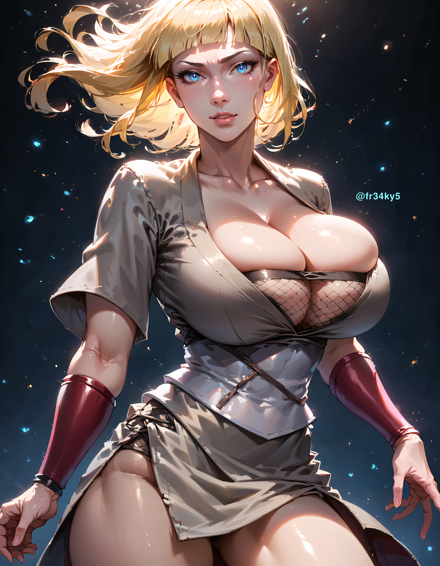 ai generated, big breasts, blonde hair, blue eyes, breasts, cleavage, cleavage overflow, female, fr34ky, huge breasts, large breasts, naruto, naruto (series), naruto shippuden, samui, wide hips