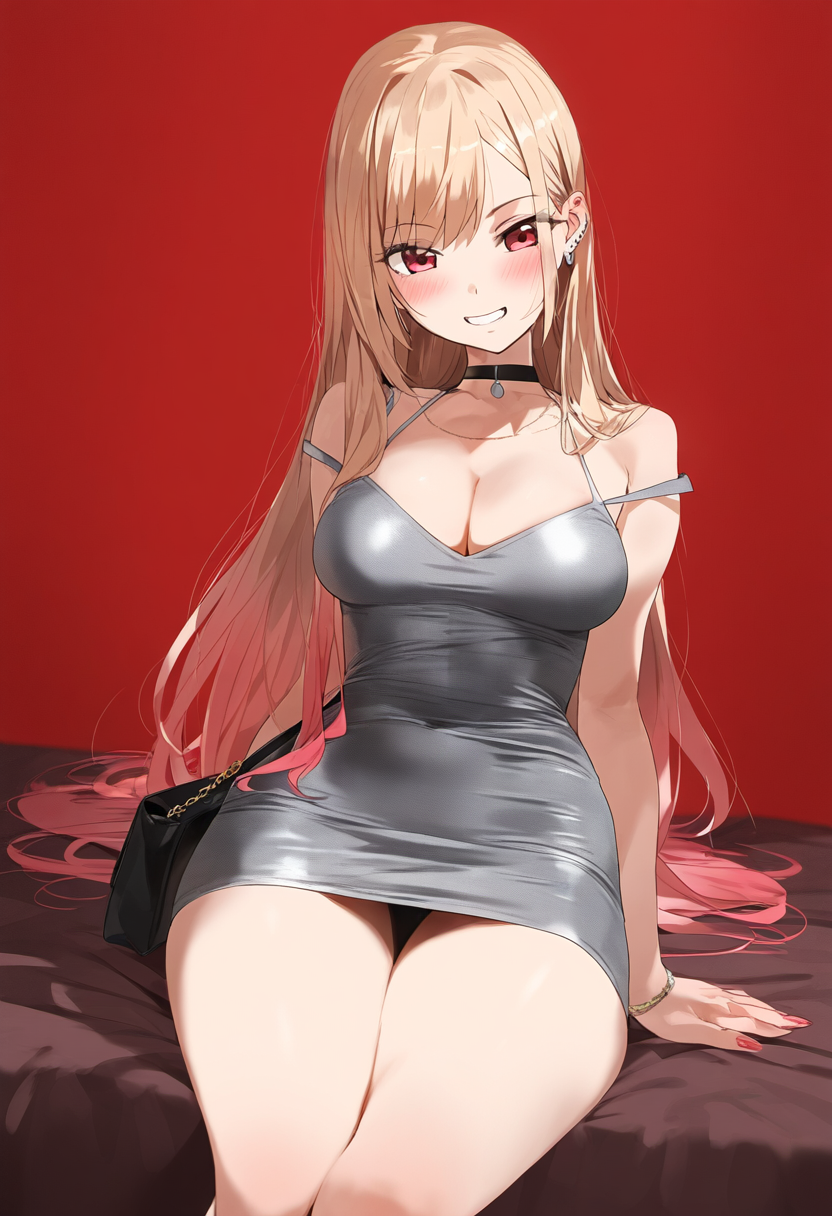 1girls, ai generated, arms behind back, bed, bedroom, big breasts, breasts, commentary request, dress, english commentary, female, female only, gyaru, hd, hi res, high resolution, highres, kitagawa marin, mommy, multicolored hair, red eyes, red-eyed female, simple background, smile, smiling, smiling at viewer, solo, solo female, sono bisque doll wa koi wo suru, tagme, thick thighs, very long hair
