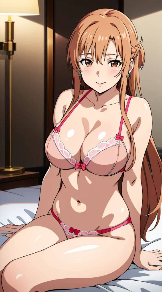 1girls, ai generated, blush, breasts, brown eyes, brown hair, cleavage, female, large breasts, lingerie, naughtyangelx, on bed, pink bra, pink panties, smile, sole female, solo, sword art online, thin waist, yuuki asuna