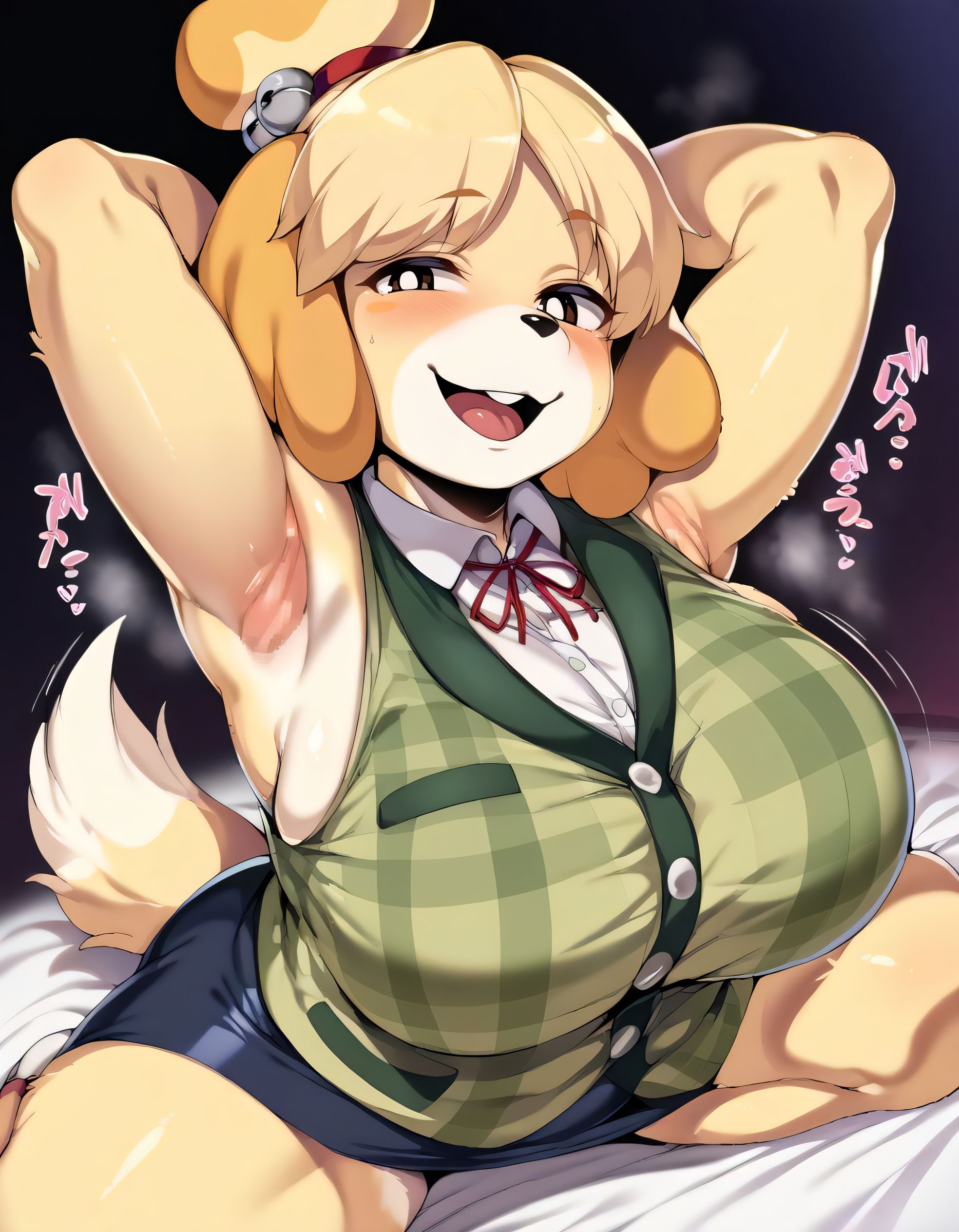 ai generated, animal crossing, animal print, anthro, anthro penetrated, areola, armpits, big breasts, breasts, castle12, clothing, faceless male, facial markings, female, female penetrated, fur, furry, genitals, head markings, hi res, huge breasts, isabelle (animal crossing), legwear, male, male penetrating, male penetrating female, markings, nipples, penile, penile penetration, penis, straight