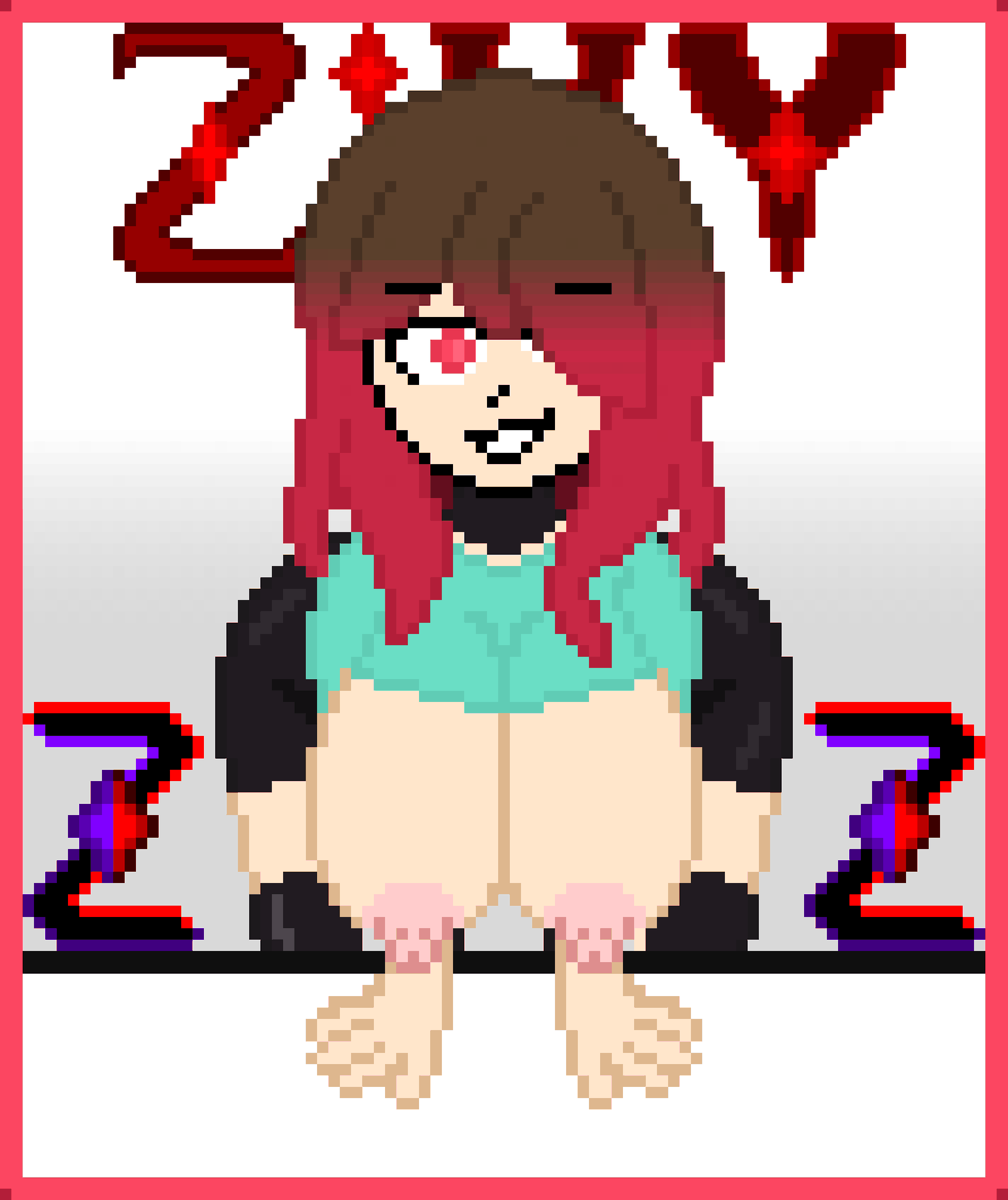 ass big_breasts big_breasts brown_hair glitchtale hair_covering_eye long_hair nipples pixel pixel_art red_eyes red_hair thick_butt thick_thighs thighs white_background z!betty zixy