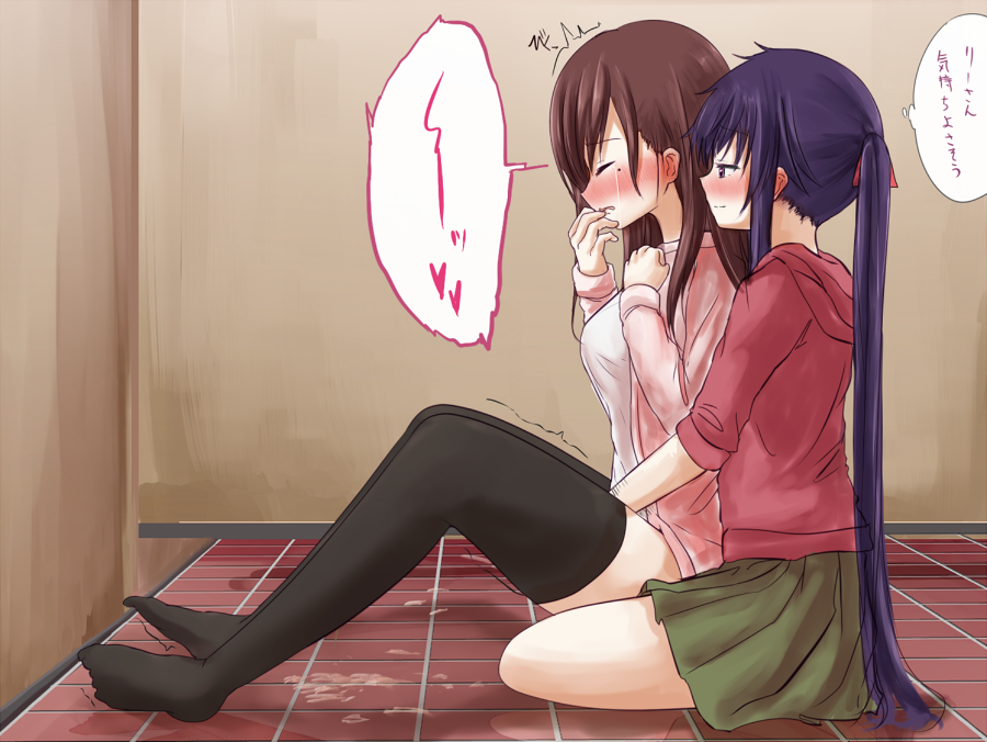 2girls 5tb black_legwear blush breasts brown_hair cardigan closed_eyes clothing ebisuzawa_kurumi female fingering fingering_from_behind folded_hair gakkou_gurashi! hair hood hoodie long_hair mole mole_under_eye multiple_girls no_shoes purple_hair pussy_juice school_uniform sitting skirt smile stockings tears text thighhighs tied_hair translated trembling twintails wakasa_yuuri yuri