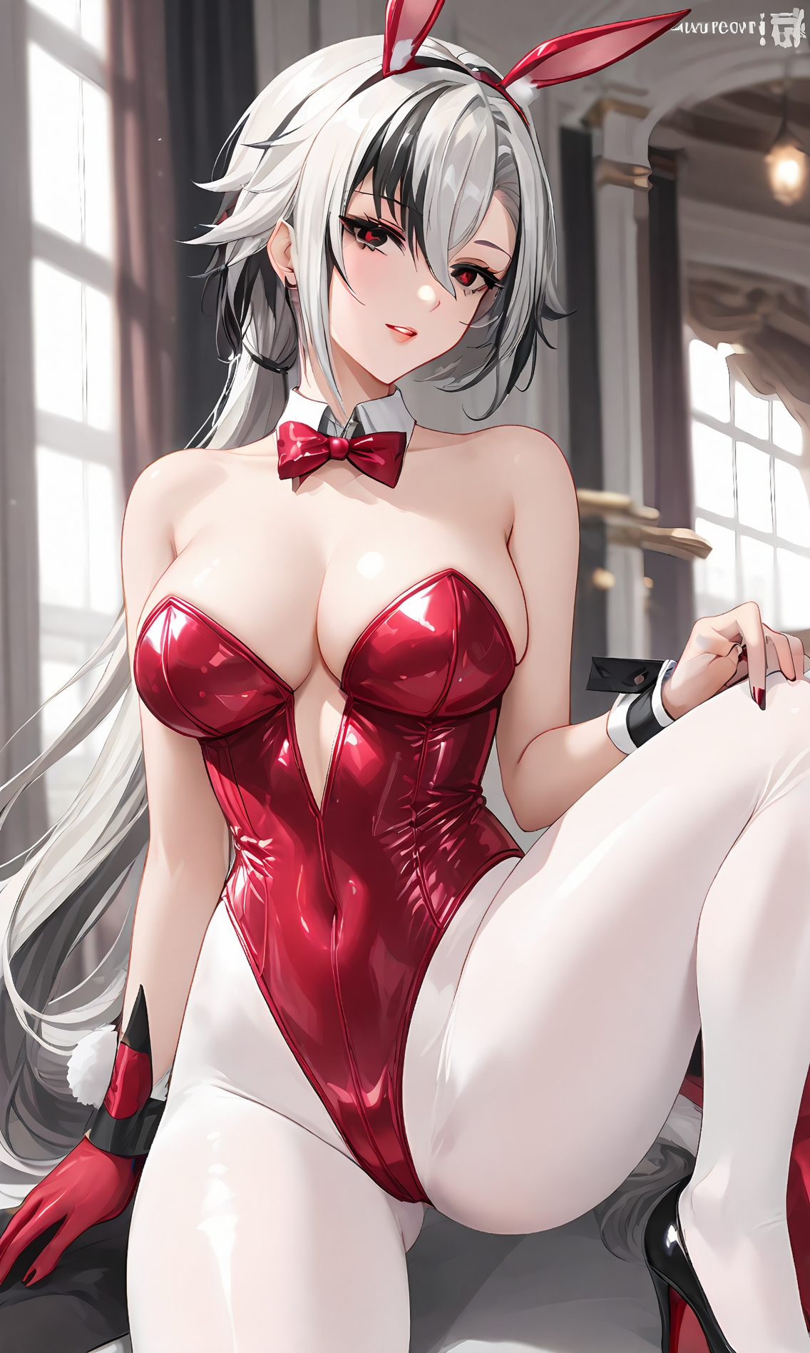 1girls, ai generated, arlecchino (genshin impact), big breasts, black hair, black-haired female, breasts, bunny ears, bunny girl, bunnysuit, commentary request, english commentary, female, female only, genshin impact, grey hair, grey-haired female, hi res, highres, indoors, light skin, light-skinned female, looking at viewer, ponytail, red bunnysuit, red eyes, red-eyed female, room, solo, solo female, spread legs, tied hair, very high resolution, very long hair, window