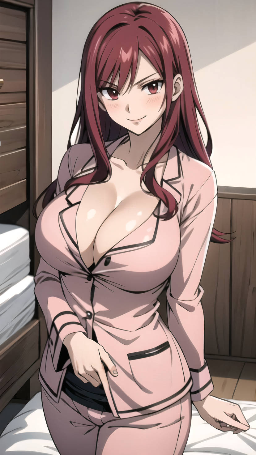 1girls, ai generated, breasts, cleavage, erza scarlet, fairy tail, female, large breasts, long hair, naughtyangelx, pajamas, pink clothing, red eyes, red hair, solo, solo female, tagme