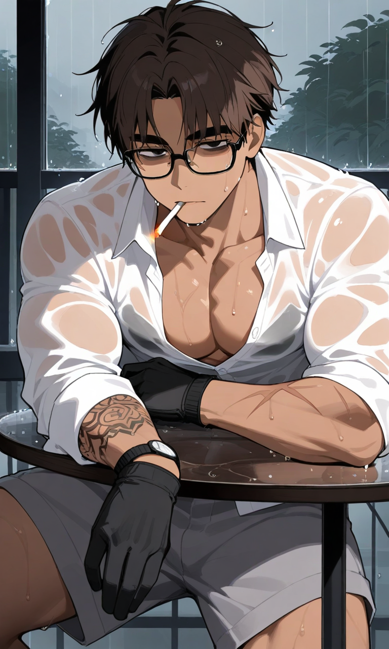 biceps black_eyes cigarette dark-skinned_male dark_skin human human_male indoors looking_at_viewer male male_only pecs rain raining solo solo_male thick_eyebrows wet_clothes