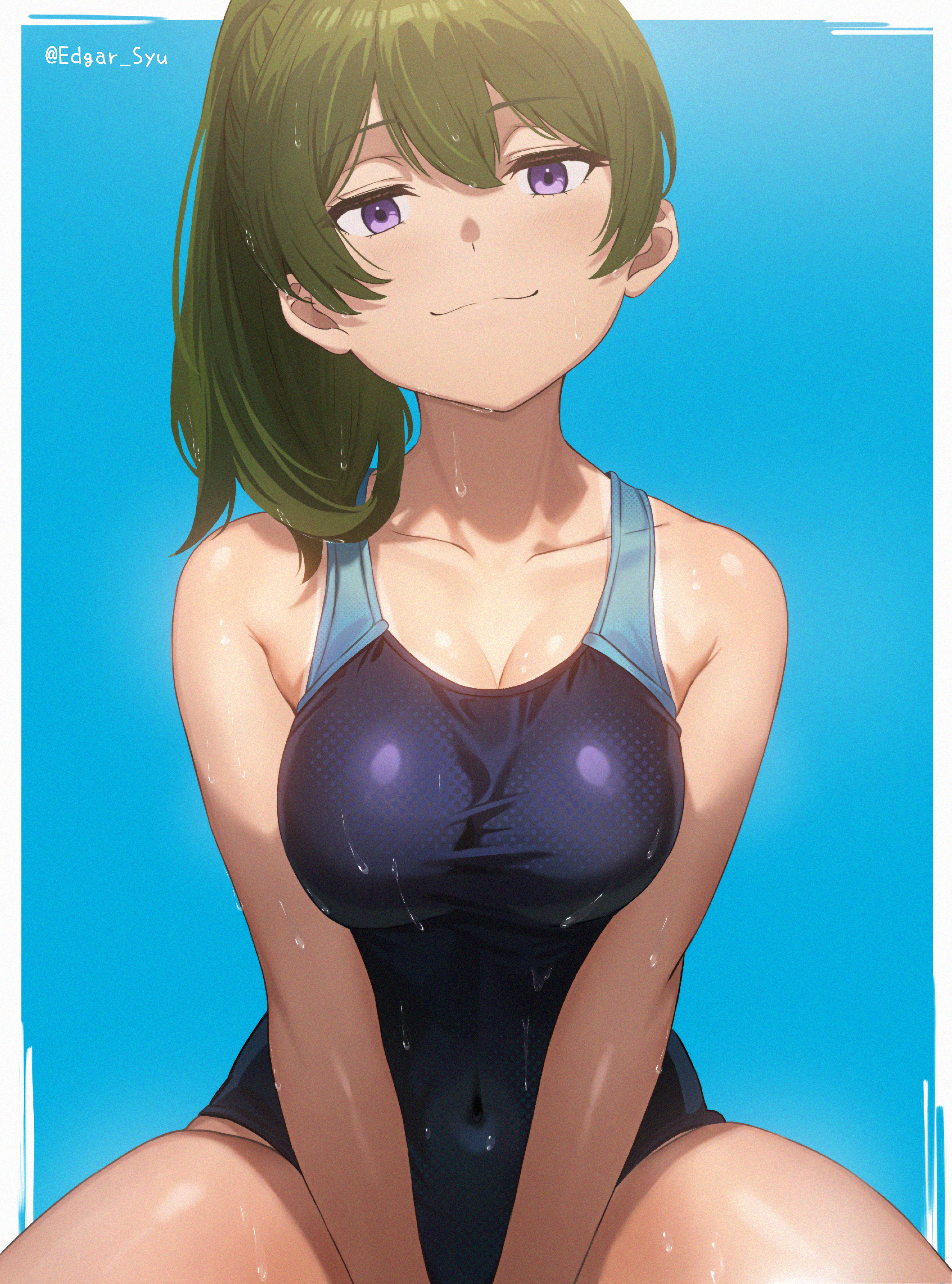 1girls, absurd res, absurdres, adult, adult female, bare arms, bare shoulders, bare skin, bare thighs, belly, belly button, bikini, black bikini, black one-piece swimsuit, black swimsuit, black swimwear, blue background, breasts, cleavage, collarbone, dot nose, edgar syu, female, female focus, female only, green hair, green-haired female, hair between eyes, head tilt, high resolution, highres, hourglass figure, light skin, light-skinned female, looking at viewer, mature female, medium breasts, naked, naked female, navel, nude, nude female, one-piece swimsuit, purple eyes, purple-eyed female, shoulders, side ponytail, sidelocks, simple background, sitting, slender body, slender waist, slim female, slim waist, smile, smiling, smiling at viewer, solo, sousou no frieren, swimsuit, swimwear, thick thighs, thighs, thin waist, tilted head, ubel (sousou no frieren), upper body, wet, wet belly, wet bikini, wet body, wet breasts, wet face, wet hair, wet skin, wet thighs, wide hips