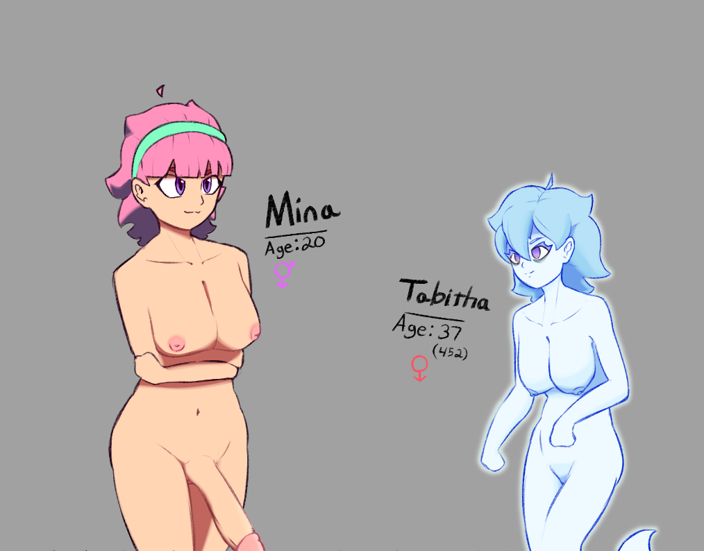 2girls age_difference big_breasts blue_hair breasts character_sheet completely_nude duo female female_with_female ghost ghost_girl human humanoid light-skinned_female light_skin mina_(rippledvoice) nipples nude nude_female older_female original original_characters pink_hair purple_eyes pussy rippledvoice self_upload standing tabitha_(rippledvoice) thick_thighs younger_female