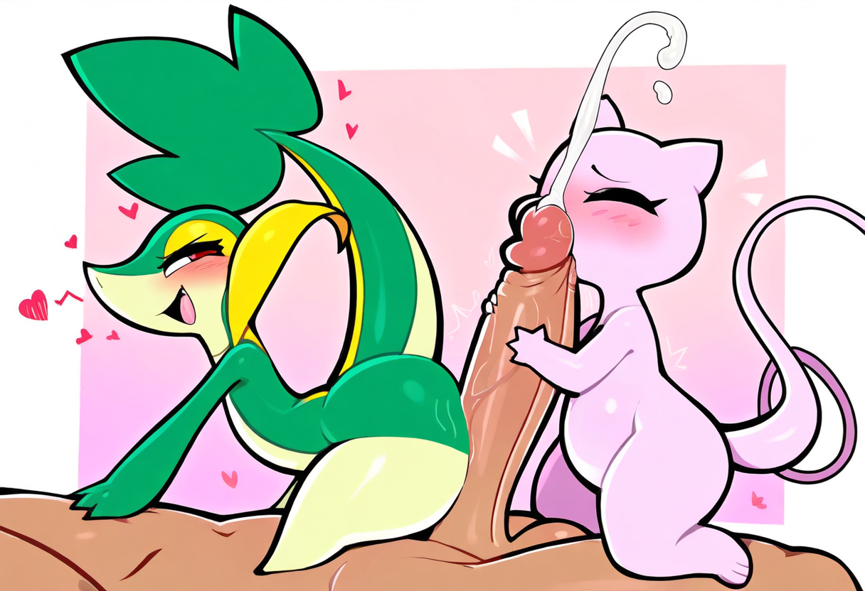 <3, ai generated, anthro, balls, big penis, blush, bodily fluids, collaborative, collaborative sex, cum, cumshot, duo, ejaculation, erection, eyelashes, eyes closed, faceless character, faceless male, female, feral, generation 1 pokemon, generation 5 pokemon, genital fluids, genitals, green body, group, group sex, hellsonger, hi res, human, human on feral, humanoid genitalia, humanoid penis, interspecies, larger human, larger male, legendary pokemon, light skin, light-skinned male, male, male on feral, male/female, mammal, mew, narrowed eyes, nintendo, nude, open mouth, orgasm, penile, penis, pokemon, pokemon (species), pokephilia, red eyes, sex, simple background, size difference, smaller female, snivy, threesome, trio, vein
