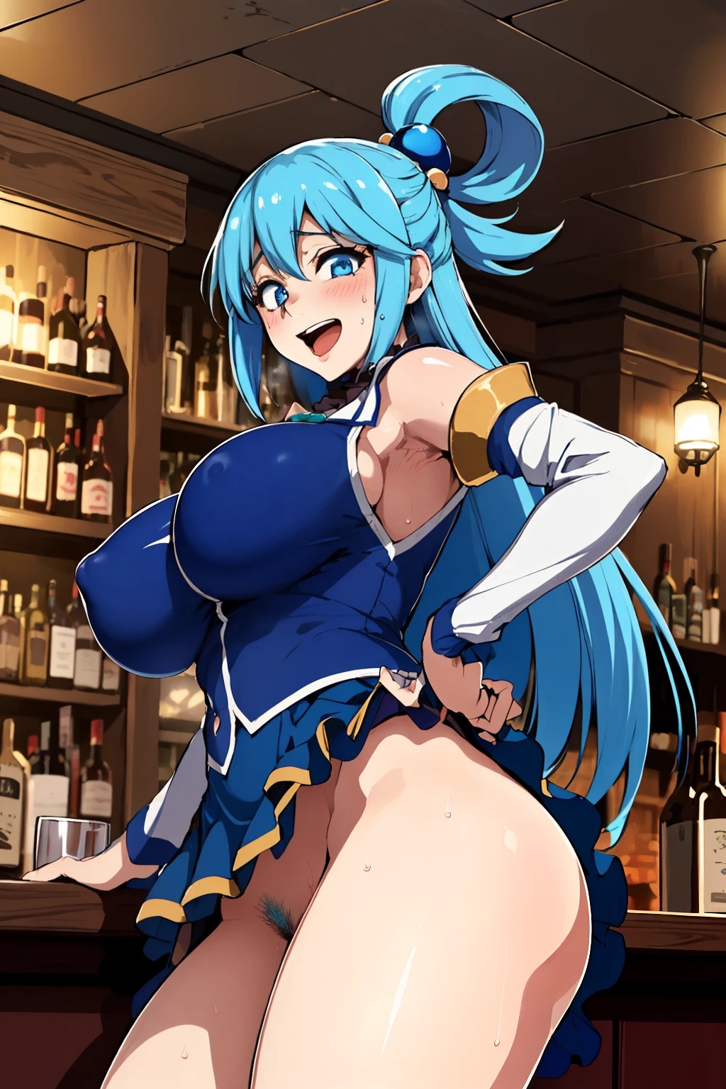 1girls ai_generated aqua_(konosuba) big_breasts blue_eyes blue_hair drinks female female_only female_pubic_hair from_below kono_subarashii_sekai_ni_shukufuku_wo! looking_at_viewer no_panties pubic_hair solo thick_thighs upskirt wide_hips