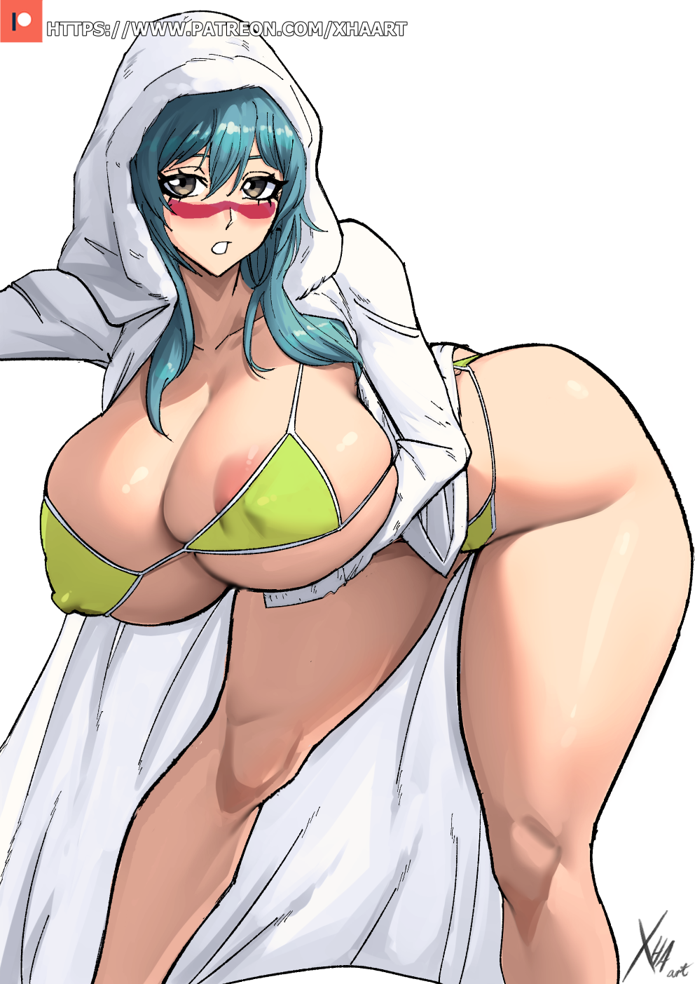 1girls alternate_breast_size big_breasts bikini bleach blue_hair breasts breasts_bigger_than_head female female_only huge_breasts large_breasts nelliel_tu_odelschwanck robe self_upload thick_thighs white_robe xhaart