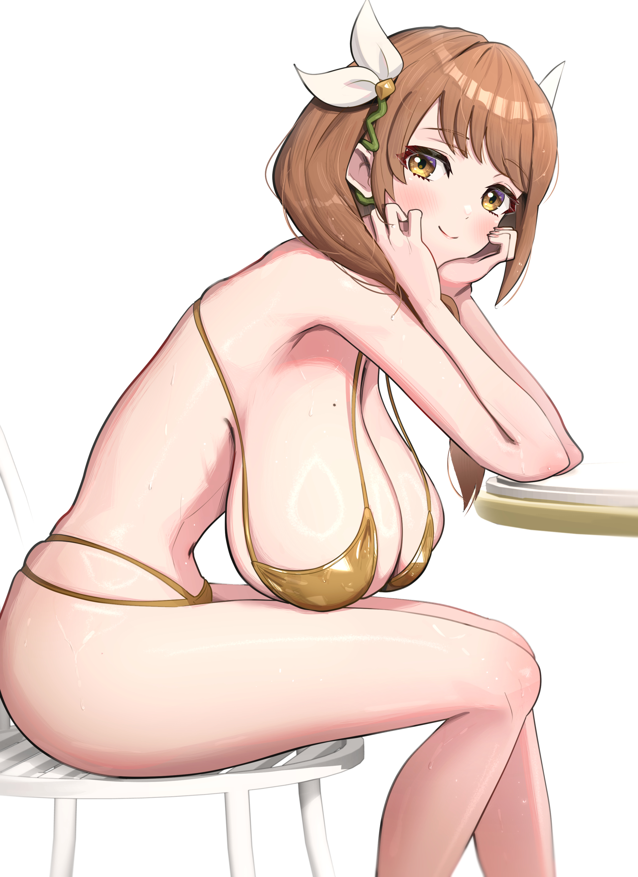 1girls, absurdres, alternate breast size, bare legs, bikini, blush, breasts, brown hair, cleavage, female, female only, fire emblem, fire emblem engage, gold bikini, gold swimsuit, goldmary (fire emblem), gonzarez, hair over shoulder, hair ribbon, hanging breasts, highres, huge breasts, long hair, looking at viewer, mole, mole on breast, nintendo, ribbon, side ponytail, sitting, skindentation, smile, solo, swimsuit, underboob, yellow bikini, yellow eyes, yellow swimsuit