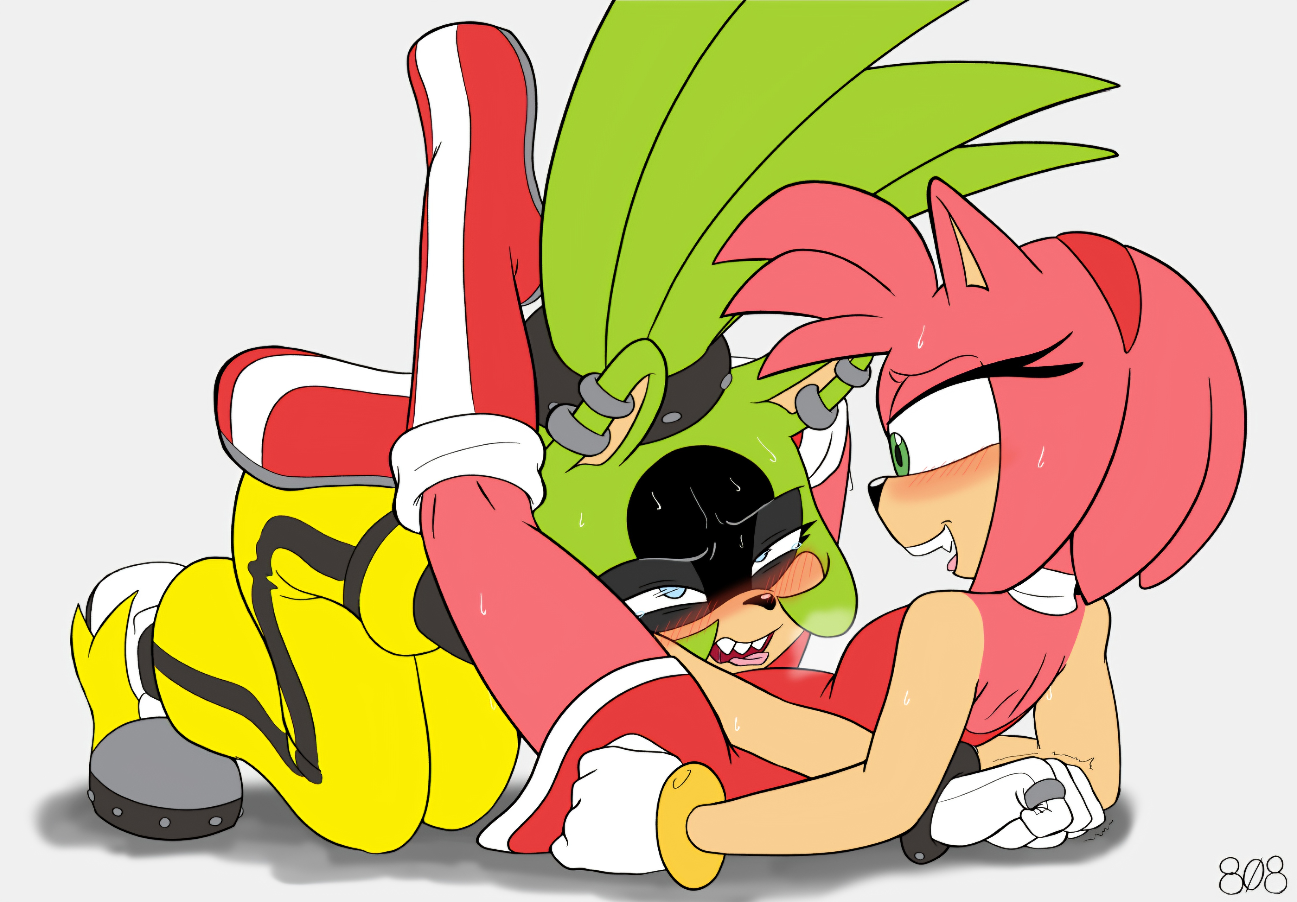 2girls, 808, ahe gao, amy rose, blush, cunnilingus, face in crotch, female, head between legs, legs around partner, lesbian sex, lying on ground, sega, sharp teeth, sonic (series), sonic the hedgehog (idw), surge the tenrec, sweat, yuri