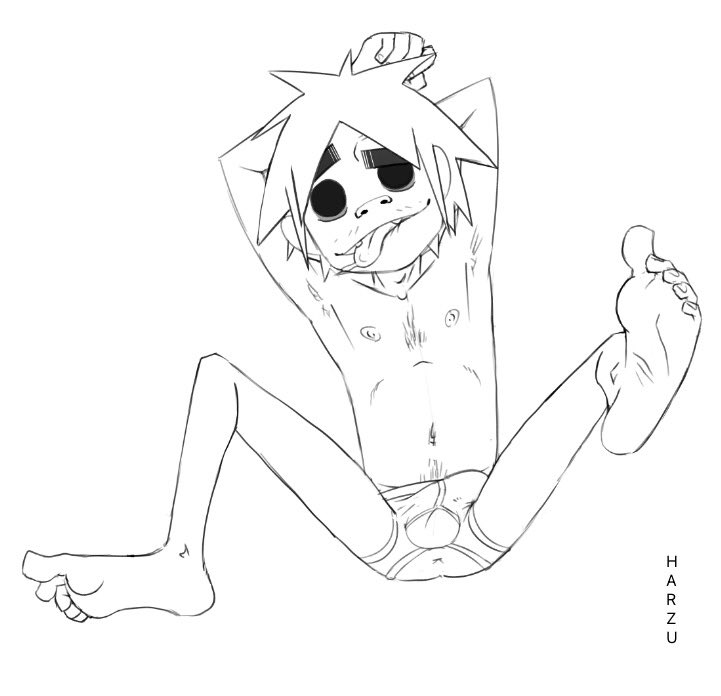 2d_(gorillaz) anus armpits arms_up artist_name ass backless_panties bulge bulge_through_clothing eyebrow_raise feet foot_focus gorillaz hairy harzu male male_focus male_only monochrome nipples sketch skinny source_removed spreading tongue_out