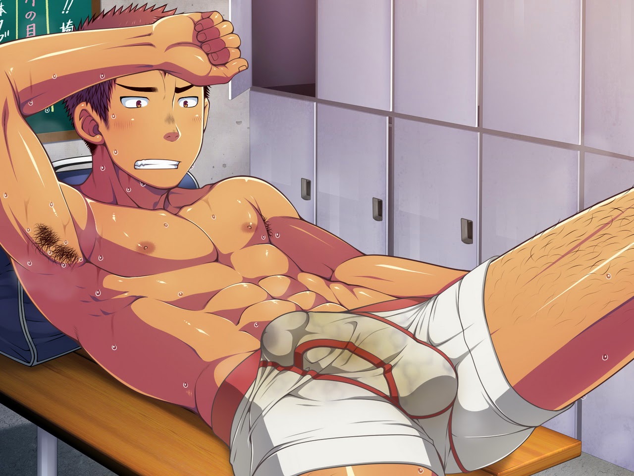 1boy, abs, armpit, armpit hair, balls, brown hair, clenched teeth, dirty, erection, futase hikaru, hairy, leg hair, locker room, lunatique, male, male only, muscles, nipples, open eyes, original, original character, pecs, penis, school, smell, solo, stain, sweat, testicles, underwear, uniform