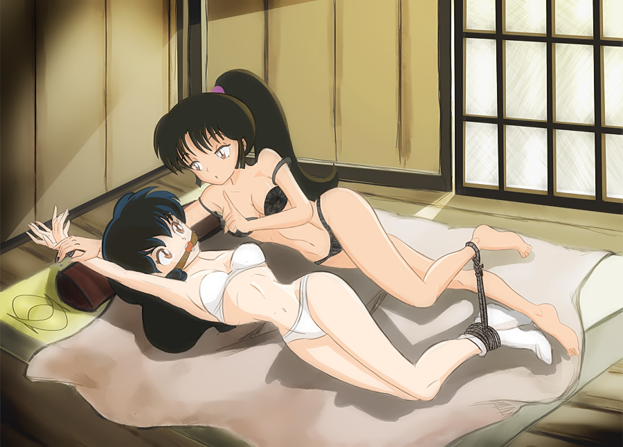 2girls arms_above_head ball_gag barefoot black_bra black_hair black_panties bondage bound_together bra brown_eyes brown_hair captured clothed clothes door female femdom femsub gag gagged half_naked inuyasha kagome_higurashi legs_together lingerie long_hair lying mistereye multiple_girls multiple_subs panties pelt ponytail psst restrained rope ropes sango scrunchie shush socks strapless thighs tied tied_arms tied_hair tied_up underwear white_bra white_panties yuri