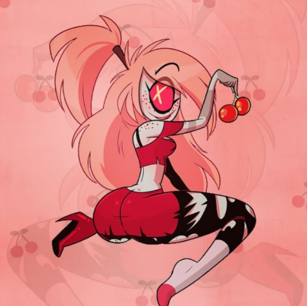 big_butt black_leggings black_legwear cherri_bomb_(hazbin_hotel) cyclops demon demon_girl fat_ass hazbin_hotel holding_object looking_at_viewer looking_back on_knees one_eye pale-skinned_female pink_hair red_eye red_top ripped_clothing simple_background vivienne_medrano vivziepop white_skin