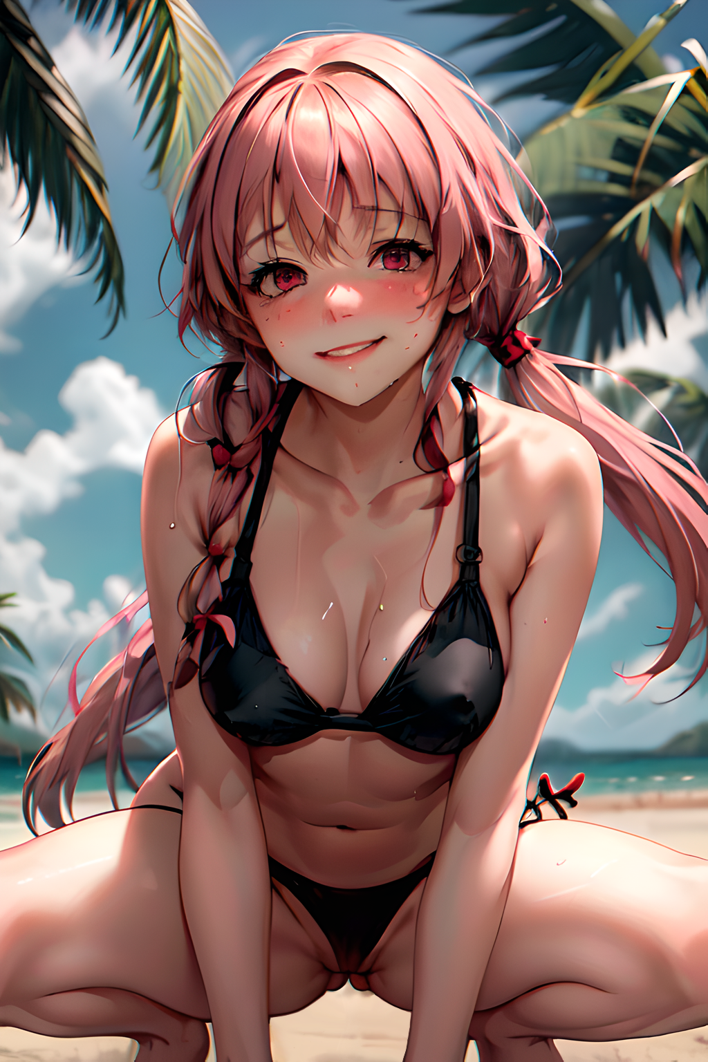 1girls ai_generated blush gasai_yuno mirai_nikki pink_eyes pink_hair smilling tag_me tagme tropical_setting twintails yandere