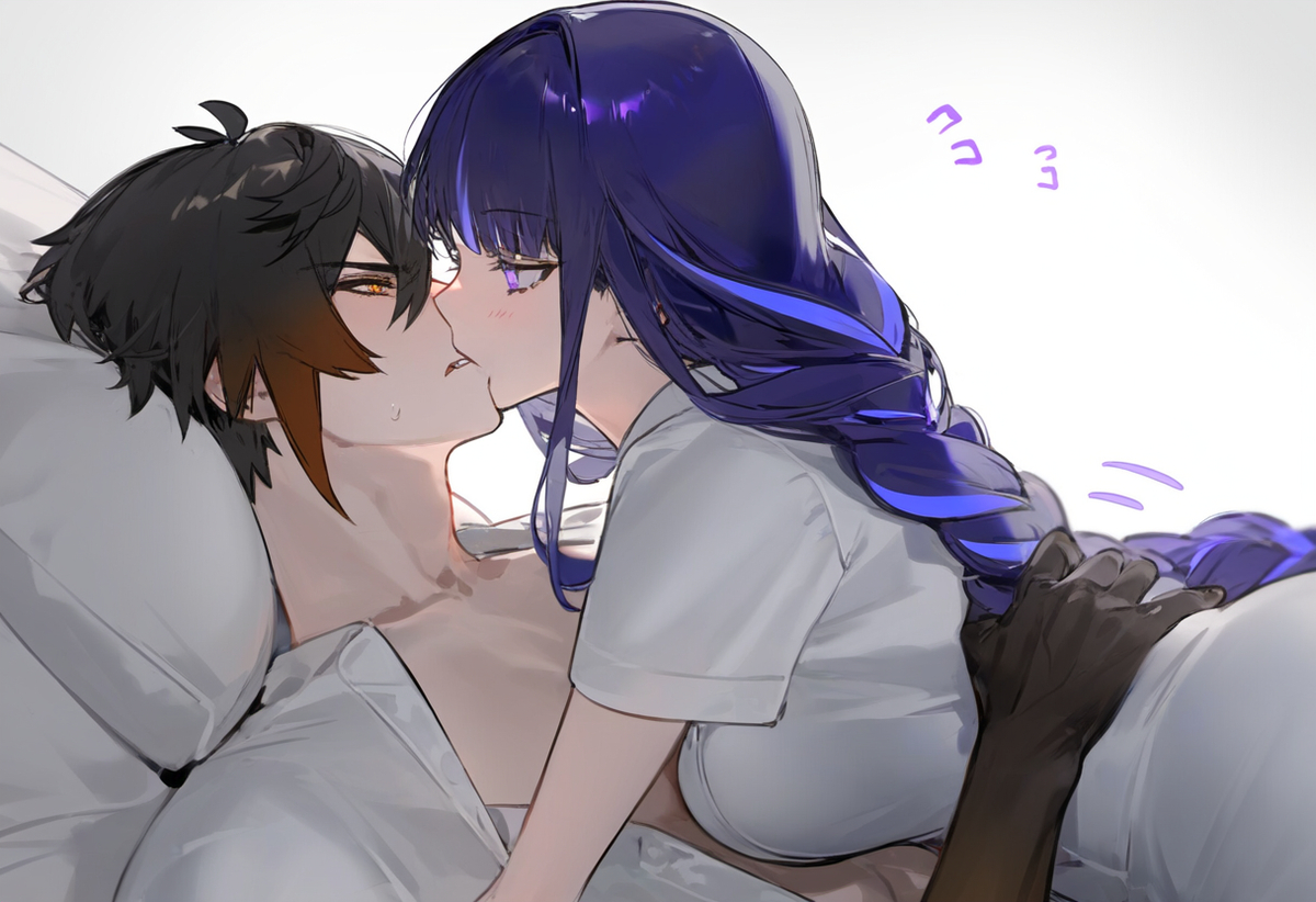 1boy, 1girls, ai generated, female, female on top, genshin impact, kissing, male, nurse, raiden shogun, zhongli (genshin impact)
