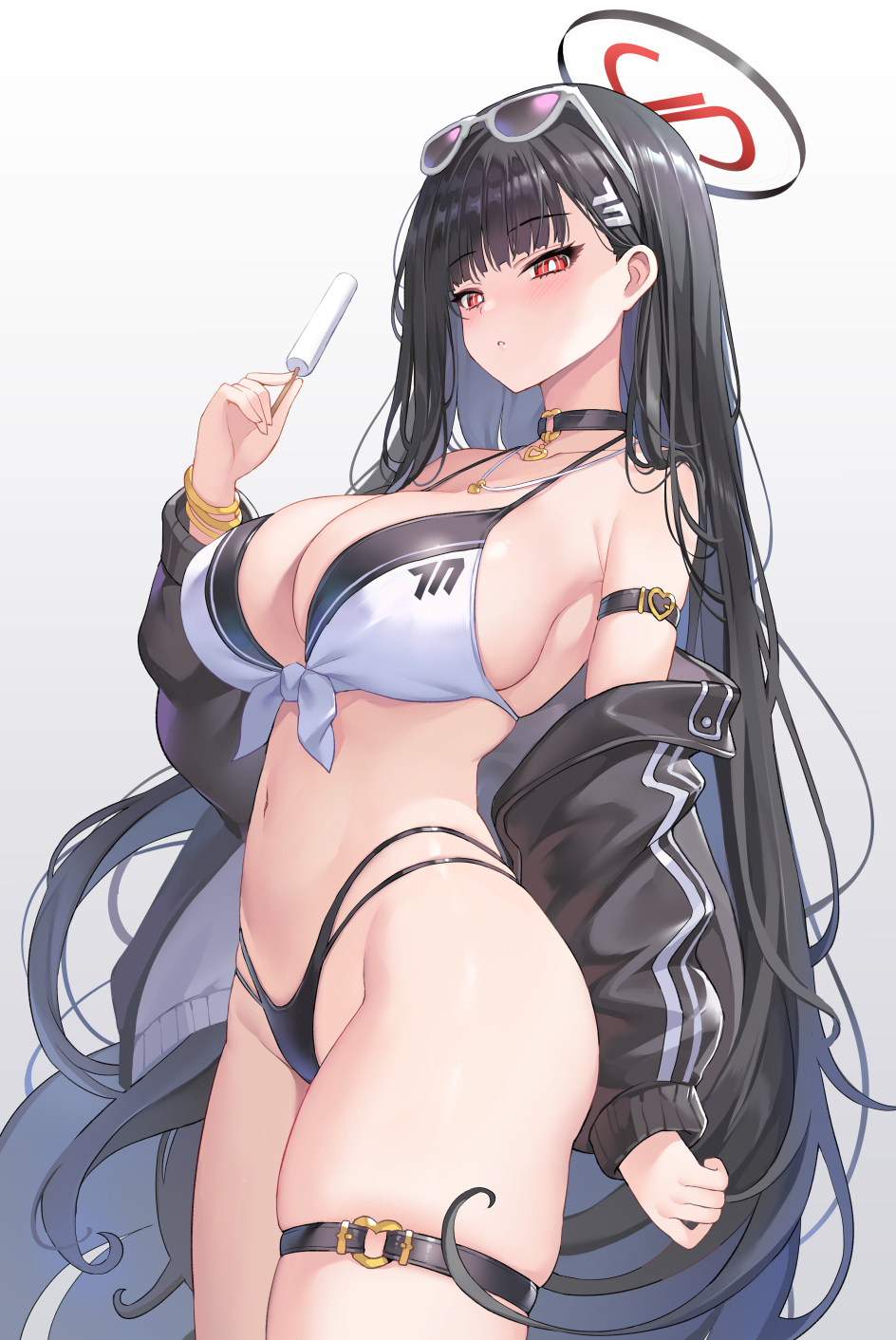 1girls alternate_costume arm_strap bangs bare_shoulders big_breasts bikini black_and_red_halo black_bikini black_choker black_hair black_jacket black_swimsuit blue_archive blunt_bangs blush blush_lines blushing_at_viewer breasts bright_pupils choker cleavage closed_mouth collarbone cowboy_shot eyebrows_visible_through_hair eyewear eyewear_on_head fit_female food glasses hair_ornament hairclip hairpin halo hand_up heart highleg highleg_bikini highres holding holding_food hourglass_figure huge_breasts human jacket kaworu_(1030) large_breasts light-skinned_female light_skin long_hair long_sleeves looking_at_viewer mechanical_halo millennium_science_school_logo_(blue_archive) millennium_science_school_student multi-strapped_bikini_bottom navel off_shoulder open_clothes open_jacket pale-skinned_female parted_lips popsicle red_eyes rio_(blue_archive) seminar_(blue_archive) sideboob simple_background skindentation slim_waist solo stomach sunglasses swimsuit thick_thighs thigh_strap thighs very_long_hair white_background white_bikini white_pupils wide_hips