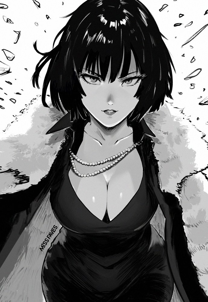 1girls artist_name big_breasts bob_cut busty cleavage fubuki_(one-punch_man) fur_coat leaning_forward missfaves monochrome necklace one-punch_man pearl_necklace small_waist upper_body wide_hips