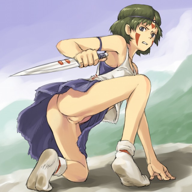 ass facepaint female female_focus female_only headgear human knife looking_at_viewer looking_back nude_female princess_momonoke pussy red_face_paint san skirt studio_ghibli thighs