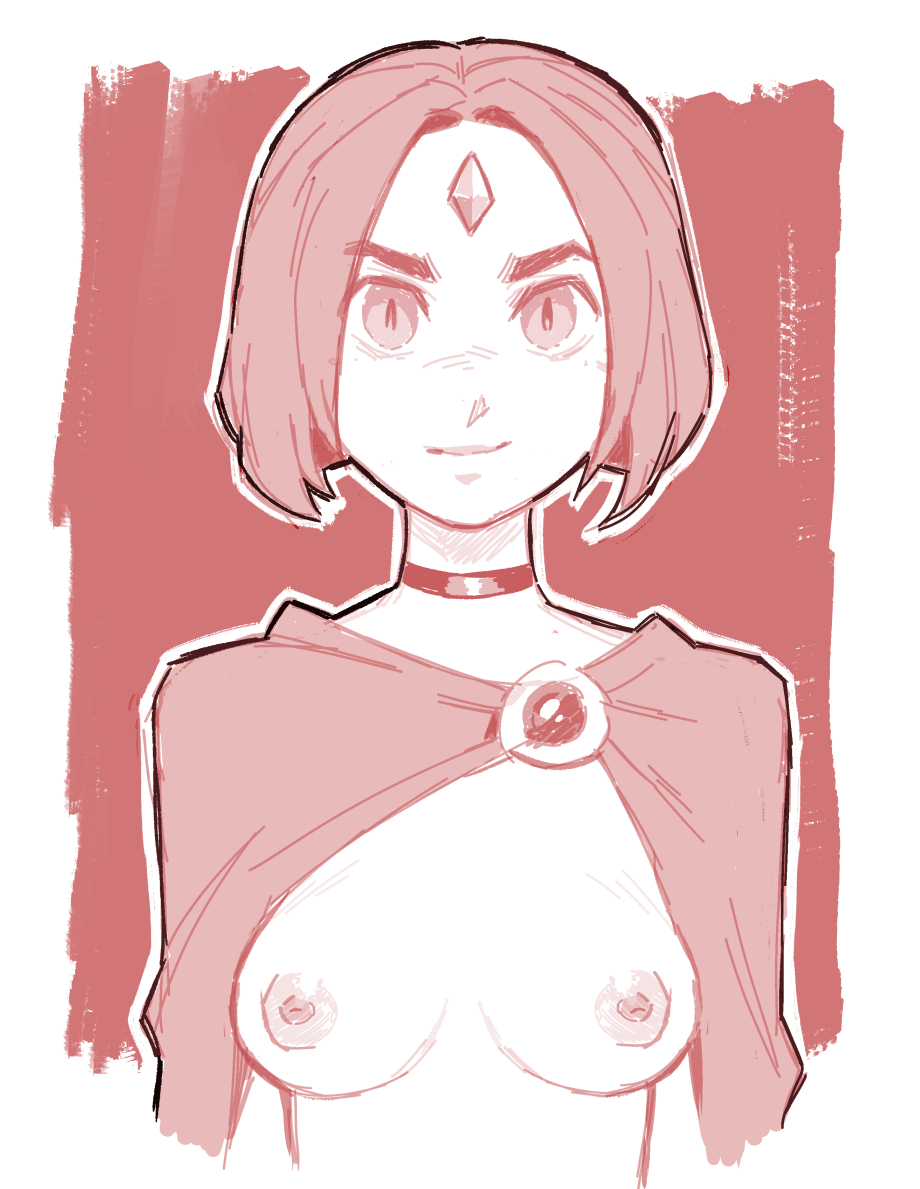 1girls, breasts, cape only, choker, cloak, dc, dc comics, effyneprin, female, female only, forehead jewel, monochrome, nipples, petite female, raven (dc), short hair, sineprin, slim, solo, tagme