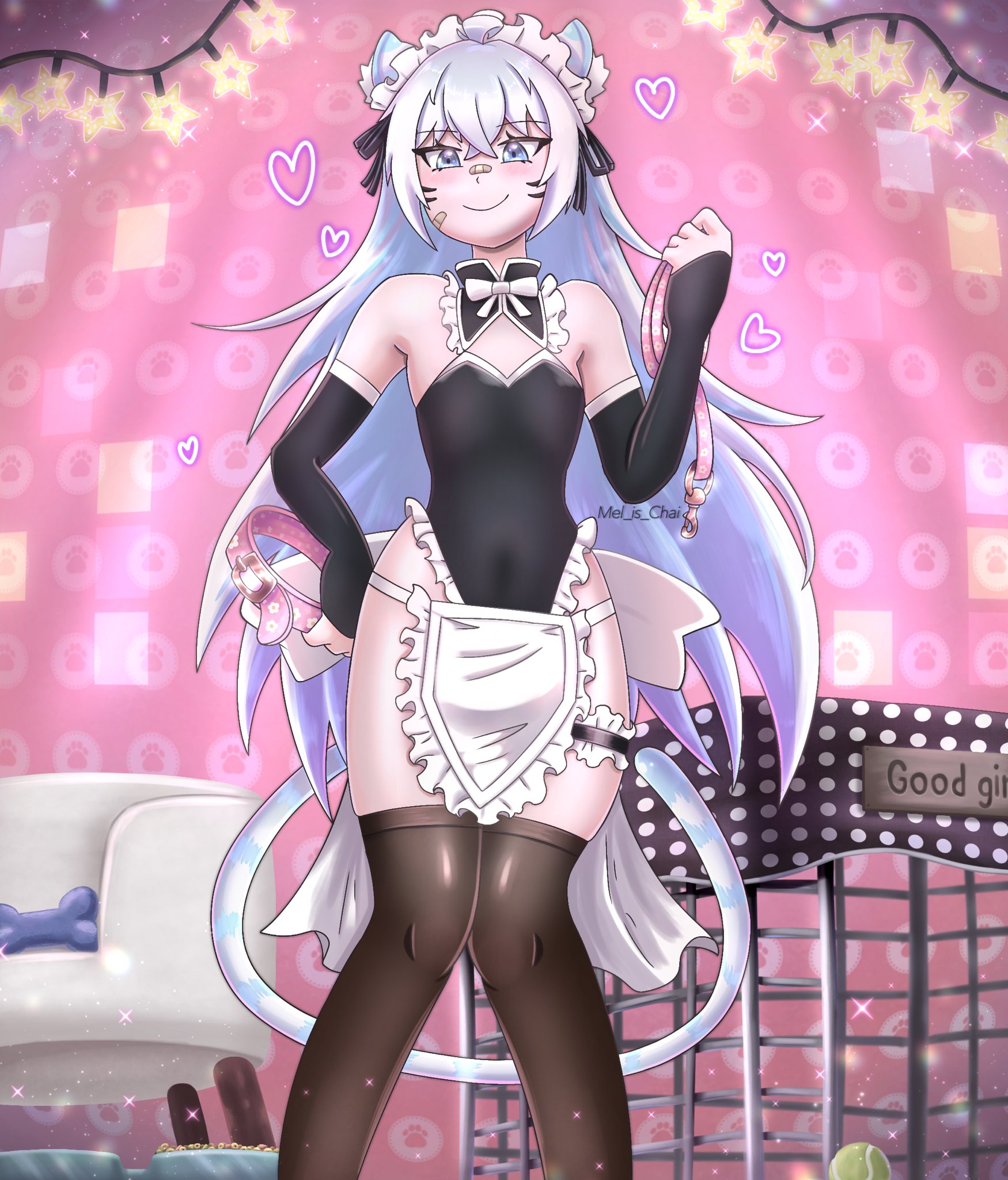 1boy, animal ears, black thighhighs, femboy, indie virtual youtuber, long hair, looking at viewer, maid, male, standing, taiga (bungotaiga), taigaxholic, tail, thighhighs, virtual youtuber, vtuber, white hair