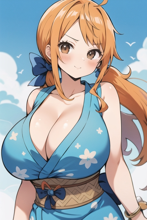 ai_generated artist_request big_breasts brown_eyes female female_only kimono nami nami_(one_piece) onami one_piece orange_hair post-timeskip