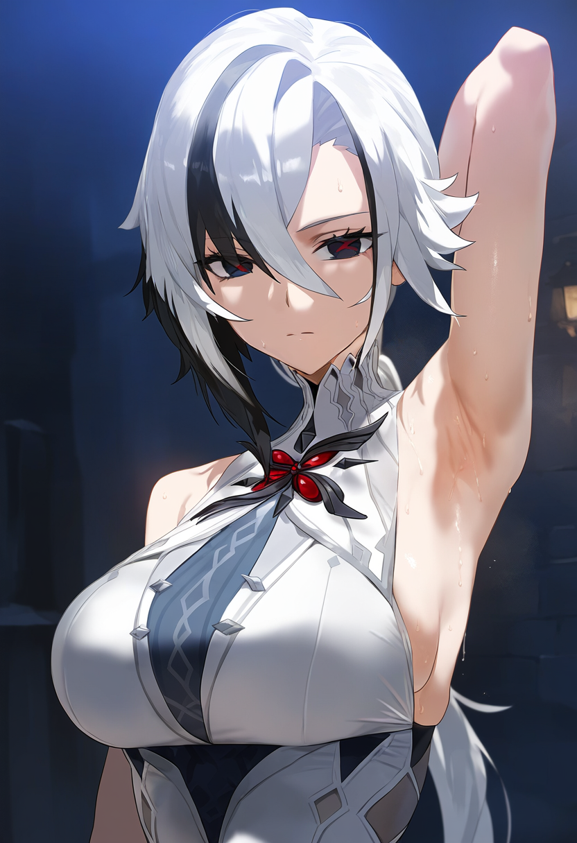 :/, 1girls, ai generated, arlecchino (genshin impact), armpits, big breasts, black hair, black-haired female, breasts, commentary request, english commentary, female, female only, genshin impact, hd, hi res, high resolution, highres, light skin, light-skinned female, mixed-language commentary, red eyes, red-eyed female, solo, solo female, two-tone hair, white hair, white-haired female