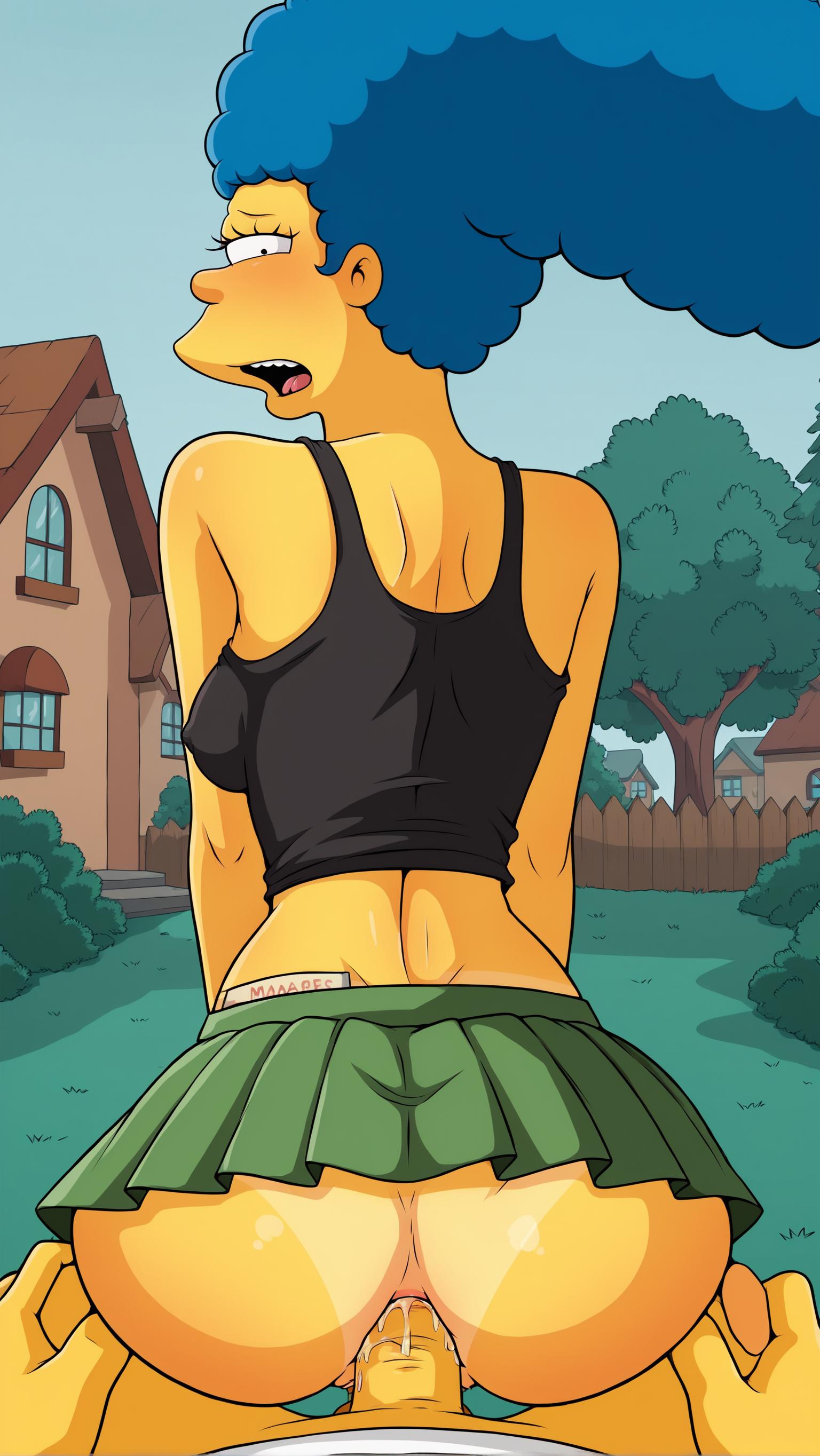 1boy, 1girls, 20th century fox, ai generated, anal, anal sex, ass, ass focus, cum, cum in ass, ejaculation, faceless male, female, female focus, house, human, looking at viewer, looking back, male, male/female, marge simpson, open mouth, outdoors, penis, penis in ass, sex, skirt, stable diffusion, straight, straight sex, tan lines, tank top, the simpsons, unseen male face, yellow skin