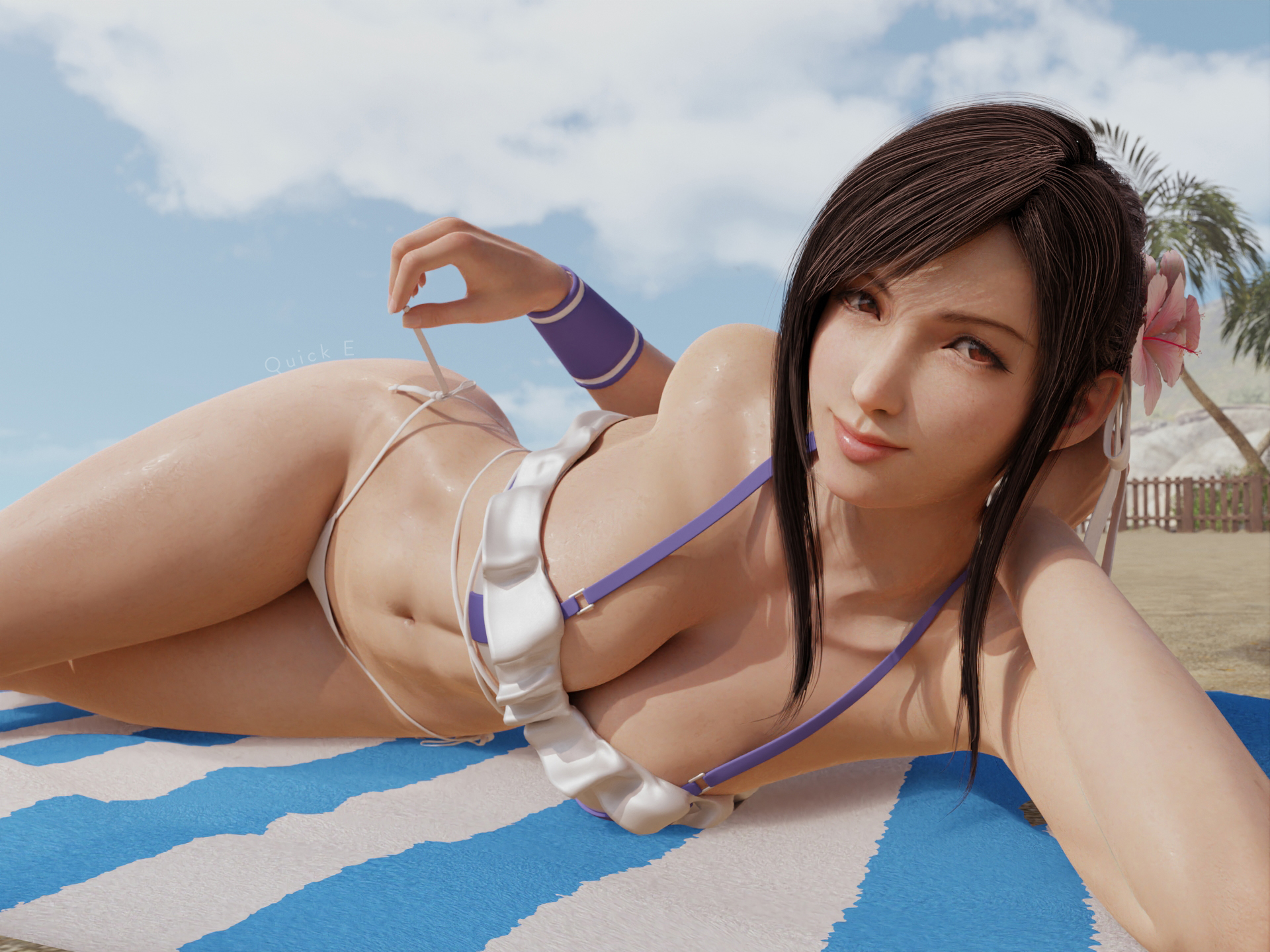 1girls, 3d, ass, big breasts, bikini, black hair, breasts, female, final fantasy, final fantasy vii, huge breasts, large breasts, light skin, light-skinned female, long hair, looking at viewer, outdoors, panties, quick e, tifa lockhart, tifa lockhart (shining spirit)