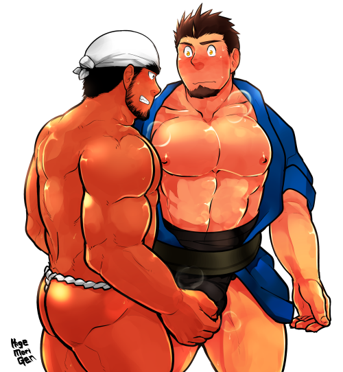 2015 2boys bara black_eyes black_hair blank_background blush blushing brown_hair bulge chin_beard clenched_teeth fundoshi gay grabbing grabbing_bulge higemorigen human japanese_clothes low_res lowres male male/male male_nipples male_only manboobs multiple_males muscles muscular muscular_male nipples simple_background tagme teeth teeth_clenched white_background white_fundoshi yaoi yellow_eyes