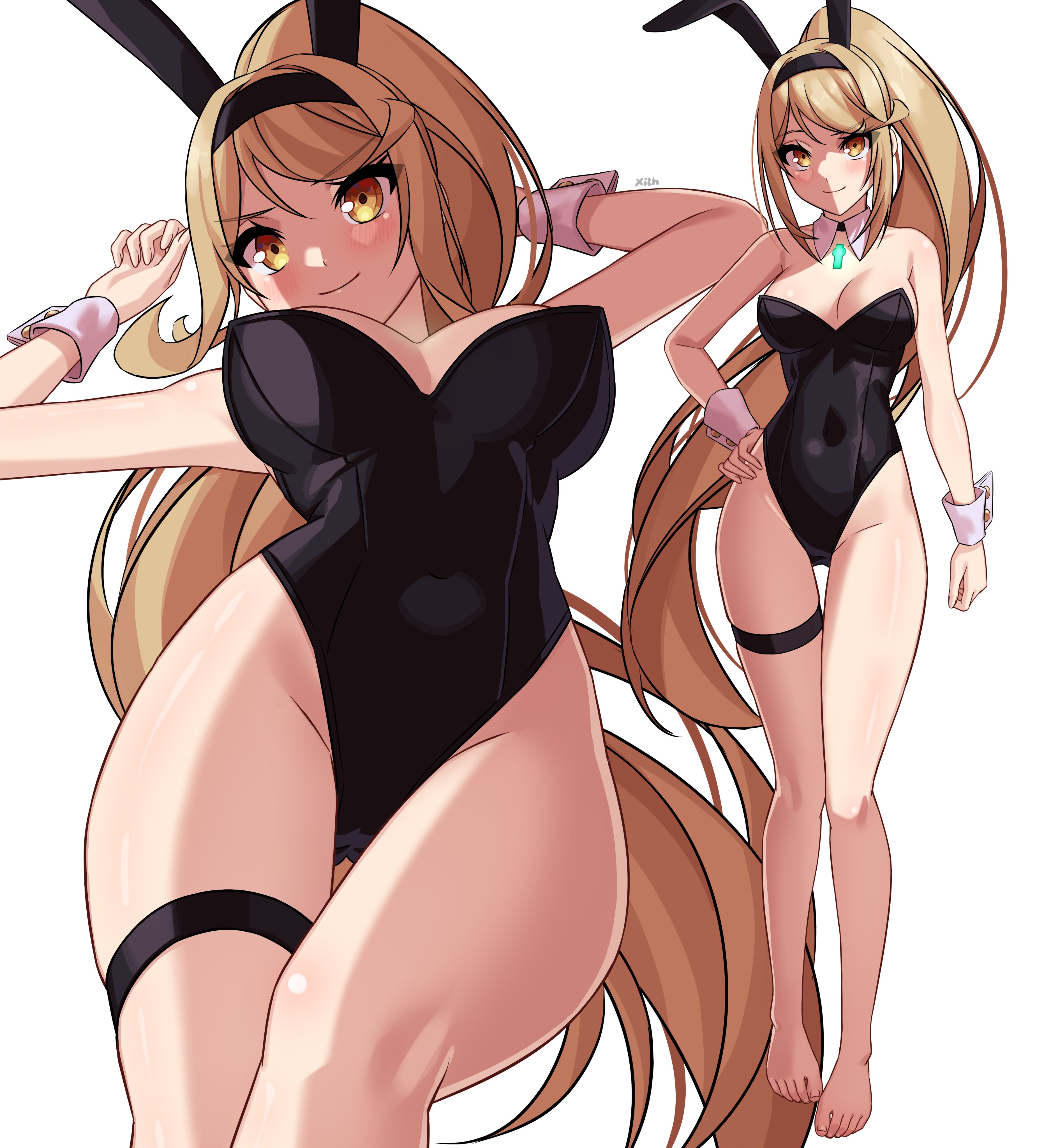 1girls, absurd res, absurdres, arms up, bare arms, bare chest, bare knees, bare legs, bare shoulders, bare skin, bare thighs, barefoot, belly, belly button, black bunny ears, black bunnygirl costume, black bunnysuit, blonde female, blonde hair, blonde-haired female, blush, blush lines, blushing female, bowtie, breasts, bunny ears, bunny girl, bunny tail, bunnygirl outfit, bunnysuit, cleavage, collar, collarbone, core crystal, detached collar, dot nose, elbows, fake animal ears, feet, female, female focus, female only, fingernails, fingers, full body, groin, hands up, head tilt, high resolution, highres, hourglass figure, knees, legs, leotard, light skin, light-skinned female, line, lips, long hair, looking at viewer, medium breasts, mythra, mythra (xenoblade), naked, naked female, navel, nude, nude female, parted bangs, ponytail, pussy, shiny skin, shoulders, simple background, slender body, slender waist, slim female, slim waist, smile, smiling, smiling at viewer, solo, standing, thick thighs, thigh strap, thighband, thighs, thin waist, tilted head, toes, underboob, upper body, white background, white collar, white wrist cuffs, wide hips, wrist cuffs, x xith x, xenoblade (series), yellow eyes, yellow-eyed female
