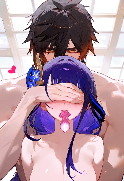 1boy, 1girls, ai generated, condom in mouth, covered eyes, female, genshin impact, male, naked, naked female, raiden shogun, zhongli (genshin impact)
