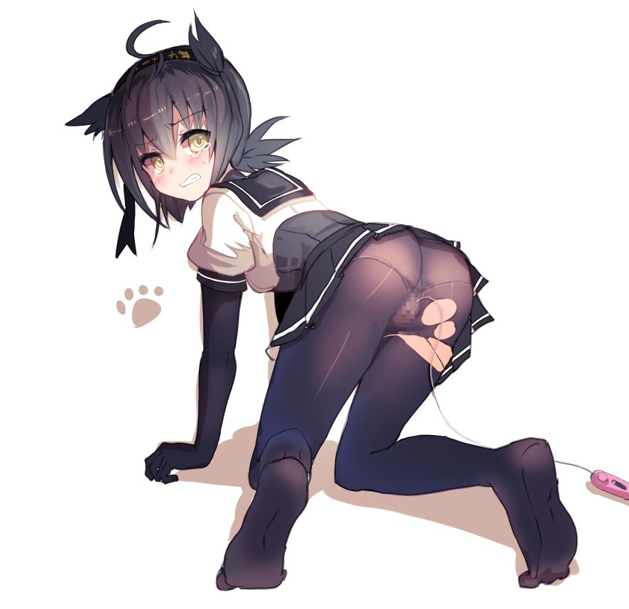 :d ahoge all_fours bangs black_gloves black_hair black_legwear black_skirt blush bodysuit cable cameltoe censored cis_(carcharias) clenched_hand clothes_writing egg_vibrator female from_behind gloves hairband hatsuzuki_(kantai_collection) kantai_collection looking_at_viewer looking_back low_ponytail miniskirt no_shoes open_mouth panties pantyshot parted_lips paw_print pleated_skirt pointy_hair shadow short_sleeves simple_background skirt smile soles solo teardrop tears torn_clothes underwear upskirt vibrator vibrator_under_panties white_background yellow_eyes