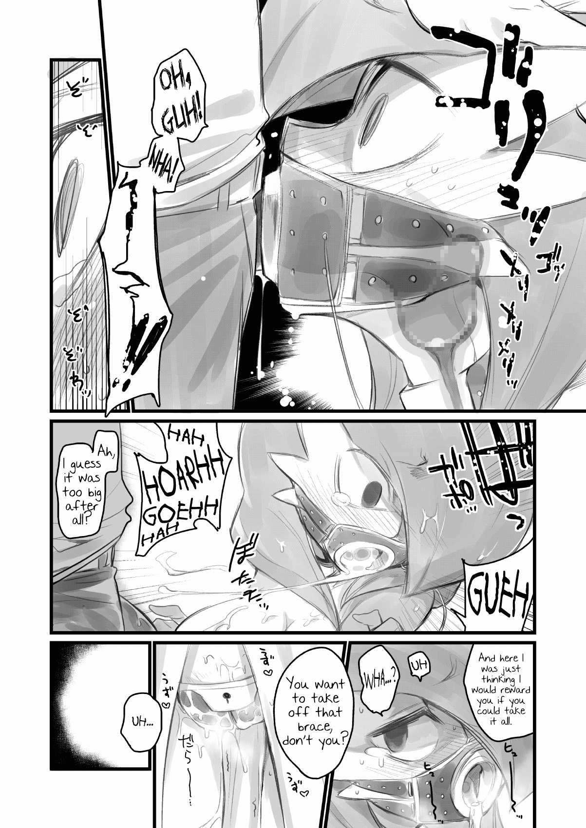 1boy, 1girls, anthro, asphyxiation, bondage, breasts, chastity, chastity belt, chastity device, choking, collar, comic, cum drip, deepthroat, english text, fellatio, female, female chastity, femsub, furry, gag, gardevoir, human, interspecies, large breasts, leash, male, mizo ne, monochrome, nintendo, open mouth gag, oral, orgasm denial, plug gag, pokemon, pokemon (species), pokemon rse, ring gag, slave, straight, text