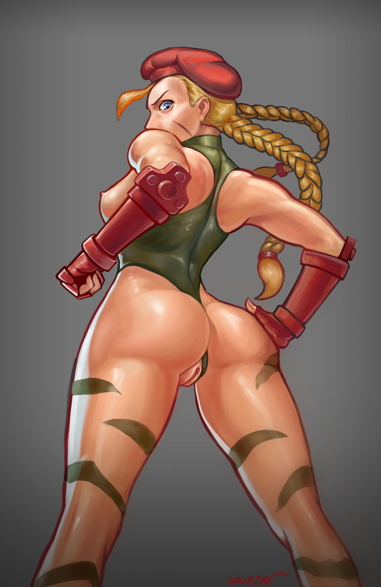 1girls, artist name, ass, beret, blonde hair, blue eyes, body paint, breasts, cammy white, camouflage, female, female only, from behind, hand on hip, highleg, highleg leotard, human, leotard, leotard aside, looking back, mavezar, nipples, pussy, red gloves, sideboob, simple background, solo, street fighter, twin braids