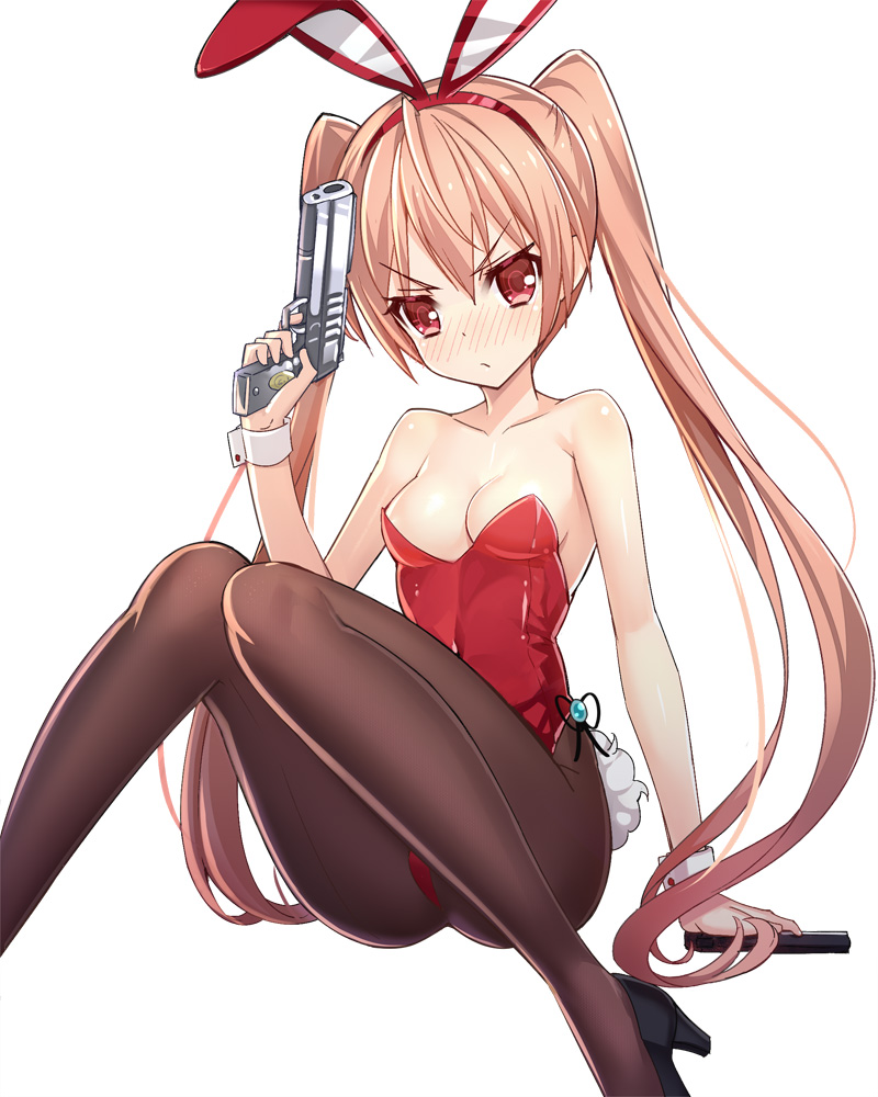 animal_ears blush breasts bunny_ears bunny_tail bunnysuit dual_wielding female gun handgun hidan_no_aria high_heels kanzaki_h_aria long_hair looking_at_viewer pantyhose pink_hair red_eyes ririko_(zhuoyandesailaer) solo tail tied_hair twintails weapon wrist_cuffs