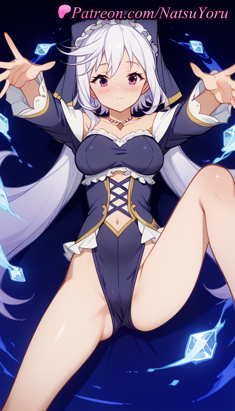 1girls ai_generated anime anime_style asian bangs bare_shoulders black_leotard blue_hair blush breasts bust busty cameltoe closed_mouth clothing_cutout collarbone covered_nipples cross-laced_clothes crystal duel_monster eris_(konosuba) female female_focus female_only frilled_leotard frills habit hentai highleg highleg_leotard jewelry knee_up kono_subarashii_sekai_ni_shukufuku_wo! leotard long_hair long_sleeves looking_at_viewer low_twintails lying medium_breasts natsuyoru navel navel_cutout necklace nun on_back outstretched_arms purple_eyes purple_hair smile solo solo_female spread_legs thighs twintails very_long_hair voluptuous voluptuous_female white_hair